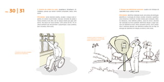 PÁG. 30 | 31 2. Usuários de cadeira de rodas: paraplégicos, tetraplégicos, he-
miplégicos, pessoas que tiveram membros amputados, idosos, entre
outros.
Dificuldades: vencer desníveis isolados, escadas e rampas muito ín-
gremes; ter alcance visual limitado; manusear comandos de janelas e
metais sanitários muito altos; não ter espaços amplos para girar; abrir
portas; não passar por locais estreitos, como portas de 60 e 70 cm;
utilizar banheiros que não permitem a aproximação a vasos sanitários,
pias e chuveiros, entre outras.
3. Pessoas com deficiências sensoriais: usuários com limitação da
capacidade visual, auditiva e da fala.
Dificuldades: identificar sinalização visual, como placas de orientação,
advertência e numeração de imóveis; localizar comandos e aparelhos,
como botoeiras e interfones; localizar imóveis pela numeração; detec-
tar obstáculos, como telefones públicos, caixas de correio e desníveis
não sinalizados de forma podotátil; determinar direção a seguir (pes-
soas com deficiência visual); utilizar comandos sonoros, como campai-
nhas e interfones (pessoas com deficiência auditiva e/ou da fala); ter
sensação de isolamento em relação ao entorno, entre outras.
Comandos muito altos impedem
manuseio por cadeirantes.
Telefones públicos instalados em
locais inadequados, sem piso tátil,
geram riscos de acidentes.
 
