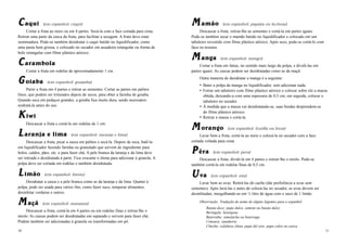 MM amão (em espanhol: papaya ou lechosa)
Descascar a fruta, retirar-lhe as sementes e cortá-la em partes iguais.
Pode-se também secar o mamão batido no liquidificador e colocado em um
tabuleiro revestido com filme plástico atóxico. Após seco, pode-se cortá-lo com
faca ou tesoura.
MM anga (em espanhol: mango)
Cortar a fruta em fatias, no sentido mais largo da polpa, e dividi-las em
partes iguais. As cascas podem ser desidratadas como as da maçã.
Outra maneira de desidratar a manga é a seguinte:
Bater a polpa da manga no liquidificador, sem adicionar nada.
Forrar um tabuleiro com filme plástico atóxico e colocar sobre ele a massa
obtida, deixando-a com uma espessura de 0,5 cm; em seguida, colocar o
tabuleiro no secador.
À medida que a massa vai desidratando-se, suas bordas desprendem-se
do filme plástico atóxico.
Retirar a massa e cortá-la.
MM orango (em espanhol: frutilla ou fresa)
Lavar bem a fruta, cortá-la ao meio e colocá-la no secador com a face
cortada voltada para cima.
PP êra (em espanhol: pera)
Descascar a fruta, dividi-la em 4 partes e retirar-lhe o miolo. Pode-se
também cortá-la em rodelas finas de 0,5 cm.
UU va (em espanhol: uva)
Lavar bem as uvas. Retirá-las do cacho (dar preferência a uvas sem
sementes). Após lavá-las e antes de colocá-las no secador, as uvas devem ser
desinfetadas, mergulhando-as em ½ litro de água com o suco de 1 limão.
Observação: Tradução do nome de alguns legumes para o espanhol
Batata doce: papa dulce, camote ou batata dulce
Beringela: berenjena
Beterraba: remolacha ou beterraga
Cenoura: zanahoria
Chuchu: calabaza china, papa del aire, papa cidra ou caiwa
11
CC aqui (em espanhol: caqui)
Cortar a fruta ao meio ou em 4 partes. Secá-la com a face cortada para cima.
Retirar uma parte da casca da fruta, para facilitar a secagem. A fruta deve estar
semimadura. Pode-se também desidratar o caqui batido no liquidificador, como
uma pasta bem grossa, e colocado no secador em assadeira retangular ou forma de
bolo retangular com filme plástico atóxico.
CC arambola
Cortar a fruta em rodelas de aproximadamente 1 cm.
GG oiaba (em espanhol: guayaba)
Partir a fruta em 4 partes e retirar as sementes. Cortar as partes em palitos
finos, que podem ser triturados depois de secos, para obter a farinha de goiaba.
Quando seca em pedaços grandes, a goiaba fica muito dura, sendo necessário
reidratá-la antes do uso.
KK iwi
Descascar a fruta e cortá-la em rodelas de 1 cm.
LL aranja e lima (em espanhol: naranja e lima)
Descascar a fruta, picar a casca em palitos e secá-la. Depois de seca, batê-la
em liquidificador fazendo farinha ou granulado que servem de ingrediente para
bolos, caldos, pães, etc. e para fazer chá. A pele branca da laranja e da lima deve
ser retirada e desidratada à parte. Fica crocante e ótima para adicionar à granola. A
polpa deve ser cortada em rodelas e também desidratada.
LL imão (em espanhol: limón)
Desidratar a casca e a pele branca como as da laranja e da lima. Quanto à
polpa, pode ser usada para vários fins, como fazer suco, temperar alimentos,
desinfetar verduras e outros.
MM açã (em espanhol: manzana)
Descascar a fruta, cortá-la em 4 partes ou em rodelas finas e retirar-lhe o
miolo. As cascas podem ser desidratadas em separado e servem para fazer chá.
Podem também ser adicionadas à granola ou transformadas em pó.
10
 
