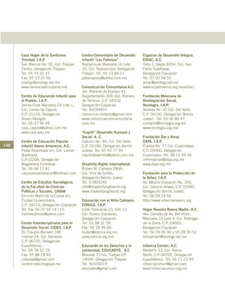 148
Casa Hogar de la Santísima
Trinidad, I.A.P.
San Marcos No. 92, Col. Tlalpan
Centro, Delegación Tlalpan.
Tel. 55 73 31 37
Fax: 55 13 31 60
chstiap@prodigy.net.mx
www.hermanastrinitarias.net
Centro de Educación Infantil para
el Pueblo, I.A.P.
James Cook Manzana 24 Lote 1,
Col. Lomas de Capula,
C.P. 01270, Delegación
Álvaro Obregón
Tel. 56 37 96 49
ceip_capula@yahoo.com.mx
www.ceip.edu.mx
Centro de Educación Popular
Infantil Nuevo Amanecer, A.C.
Presa Reventada s/n, Col. Lomas
Quebrada,
C.P.10200, Delegación
Magdalena Contreras
Tel. 56 68 17 81
cepinuevoamanecer@hotmail.com
Centro de Estudios Sociológicos
de la Facultad de Ciencias
Políticas y Sociales, UNAM
Circuito Mario de la Cueva s/n,
Ciudad Universitaria,
C.P. 04510, Delegación Coyoacán
Tel. Fax 56 22 94 14 / 15
mdmskidmore@yahoo.com
Centro Interdisciplinario para el
Desarrollo Social, CIDES, I.A.P
Dr. Claudio Bernard 180
interior 24, Col. Doctores
C.P. 06720, Delegación
Cuauhtémoc.
Tel. 55 78 52 70
Fax: 55 88 78 83
cidesiap@gmail.com
centrocides.blogspot.mx
Centro Comunitario de Desarrollo
Infantil “Las Palomas”
Matlazincas Manzana 16 Lote
16, Col. Tepeximilpa, Delegación
Tlalpan. Tel. 55 13 84 21
palomaporq@yahoo.com.mx
Comunicación Comunitarial A.C.
3er. Retorno de Épsilon 41,
Departamento 309. Col. Romero
de Terreros. C.P. 04310
Delegación Coyoacán,
Tel. 56594837
comunica.contacto@gmail.com
www.comunicacioncomunitaria.
com.mx
“Copilli” Desarrollo Humano y
Social, A. C.
Capulín No. 46, Col. Del Valle,
C.P. 03100, Delegación Benito
Juárez. Tel. 55 55 77 99
copillidesarrollo@yahoo.com.mx
Disability Rights International
Rubén M. Campos 2806,
Col. Villa de Cortes,
Delegación Benito Juárez
Tel. 91803246
info@disabilityrightsintl.org
www.disabilityrightsintl.org
Educación con el Niño Callejero,
EDNICA, I.A.P.
Calle Totonacas 23, lote 15,
Col. Ajusco Coyoacán,
Delegación Coyoacán
Tel. 53 38 32 78
Fax: 56 18 49 00
buzon@ednica.org.mx
www.ednica.org.mx/
Educando en los Derechos y la
solidaridad, EDUCADYS, A.C
Moneda 15 bis, Tlalpan CP.
14000, Delegación Tlalpan
Tel. 56559219
educadys@gmail.com
Espacios de Desarrollo Integral,
EDIAC, A.C.
Tallo 2, Depto A304, Col. San
Pablo Tepetlapa,
Delegación Coyoacán
Tel. 57 02 58 55
ediac@prodigy.net.mx
www.ecpatmexico.org.mx/ediac/
Fundación Mexicana de
Reintegración Social,
Reintegra, I.A.P.
Amores No. 32 Col. Del Valle,
C.P. 30100, Delegación Benito
Juárez. Tel. 55 36 84 47
contacto@reintegra.org.mx
www.reintegra.org.mx/
Fundación Dar y Amar,
DAYA, I.A.P.
Puebla No. 77 Col. Cuajimalpa,
C.P. 05000, Delegación
Cuajimalpa. Tel. 58 12 49 34
informacion@daya.org.mx
www.daya.org.mx
Fundación para la Protección de
la Niñez, I.A.P.
Av. México Coyoacán No. 350,
Col. General Anaya, C.P. 03340,
Delegación Benito Juárez.
Tel. 56 04 24 66
http://www.infanciamexico.org
Hogar Nuestra Buena Madre, A.C.
4ta. Cerrada de Av. Del Imán,
Manzana 10 Lote 4, Col. Pedregal
de la Zorra, C.P. 04660,
Delegación Coyoacán
Tel. 54 24 00 94 y 55 28 30 52
hnbuenam@prodigy.net.mx
Infancia Común, A.C.
Medellín 33, Col. Roma
Norte, C.P 06700, Delegación
Cuauhtémoc. Tel: 56 11 23 49
infanciacomun@gmail.com
www.infanciacomun.org.mx
 