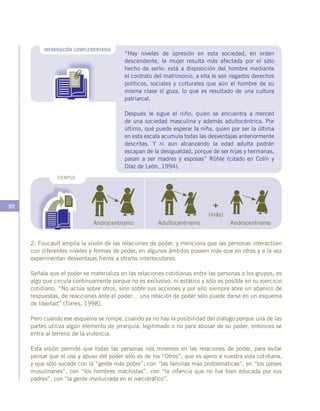 30
2. Foucault amplía la visión de las relaciones de poder, y menciona que las personas interactúan
con diferentes niveles y formas de poder, en algunos ámbitos poseen más que en otros y a la vez
experimentan desventajas frente a otra/os interlocutores.
Señala que el poder se materializa en las relaciones cotidianas entre las personas o los grupos, es
algo que circula continuamente porque no es exclusivo, ni estático y sólo es posible en su ejercicio
cotidiano. “No actúa sobre otros, sino sobre sus acciones y por ello siempre abre un abanico de
respuestas, de reacciones ante el poder… una relación de poder sólo puede darse en un esquema
de libertad” (Torres, 1998).
Pero cuando ese esquema se rompe, cuando ya no hay la posibilidad del diálogo porque una de las
partes utiliza algún elemento de jerarquía, legitimado o no para abusar de su poder, entonces se
entra al terreno de la violencia.
Esta visión permite que todas las personas nos miremos en las relaciones de poder, para evitar
pensar que el uso y abuso del poder sólo es de los “Otros”, que es ajeno a nuestra vida cotidiana,
y que sólo sucede con la “gente más pobre”, con “las familias más problemáticas”, en “los países
musulmanes”, con “los hombres machistas”, con “la infancia que no fue bien educada por sus
padres”, con “la gente involucrada en el narcotráfico”.
“Hay niveles de opresión en esta sociedad, en orden
descendente, la mujer resulta más afectada por el sólo
hecho de serlo: está a disposición del hombre mediante
el contrato del matrimonio, a ella le son negados derechos
políticos, sociales y culturales que aún el hombre de su
misma clase sí goza, lo que es resultado de una cultura
patriarcal.
Después le sigue el niño, quien se encuentra a merced
de una sociedad masculina y además adultocéntrica. Por
último, qué puede esperar la niña, quien por ser la última
en esta escala acumula todas las desventajas anteriormente
descritas. Y ni aun alcanzando la edad adulta podrán
escapan de la desigualdad, porque de ser hijas y hermanas,
pasan a ser madres y esposas” Rühle (citado en Colín y
Díaz de León, 1994).
INFORMACIÓN COMPLEMENTARIA
EJEMPLO
AndrocentrismoAndrocentrismo Adultocentrismo
(más)
+
 