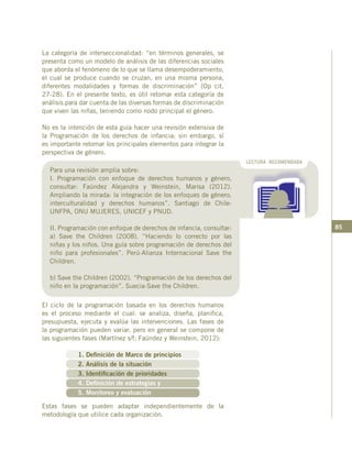 85
La categoría de interseccionalidad: “en términos generales, se
presenta como un modelo de análisis de las diferencias sociales
que aborda el fenómeno de lo que se llama desempoderamiento,
el cual se produce cuando se cruzan, en una misma persona,
diferentes modalidades y formas de discriminación” (Op cit,
27-28). En el presente texto, es útil retomar esta categoría de
análisis para dar cuenta de las diversas formas de discriminación
que viven las niñas, teniendo como nodo principal el género.
No es la intención de esta guía hacer una revisión extensiva de
la Programación de los derechos de infancia; sin embargo, sí
es importante retomar los principales elementos para integrar la
perspectiva de género.
El ciclo de la programación basada en los derechos humanos
es el proceso mediante el cual: se analiza, diseña, planifica,
presupuesta, ejecuta y evalúa las intervenciones. Las fases de
la programación pueden variar, pero en general se compone de
las siguientes fases (Martínez s/f; Faúndez y Weinstein, 2012):
1. Definición de Marco de principios
2. Análisis de la situación
3. Identificación de prioridades
4. Definición de estrategias y
5. Monitoreo y evaluación
Estas fases se pueden adaptar independientemente de la
metodología que utilice cada organización.
LECTURA RECOMENDADA
Para una revisión amplia sobre:
I. Programación con enfoque de derechos humanos y género,
consultar: Faúndez Alejandra y Weinstein, Marisa (2012).
Ampliando la mirada: la integración de los enfoques de género,
interculturalidad y derechos humanos”. Santiago de Chile-
UNFPA, ONU MUJERES, UNICEF y PNUD.
II. Programación con enfoque de derechos de infancia, consultar:
a) Save the Children (2008). “Haciendo lo correcto por las
niñas y los niños. Una guía sobre programación de derechos del
niño para profesionales”. Perú-Alianza Internacional Save the
Children.
b) Save the Children (2002). “Programación de los derechos del
niño en la programación”. Suecia-Save the Children.
 