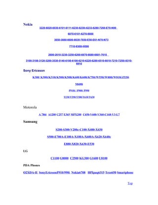 Nokia
3220-6020-6030-6101-6111-6230-6230i-6233-6280-7260-E70-N90
6070-6101-6270-8800
3650-3660-6600-6630-7650-E50-E61-N70-N73
7710-9300i-9500
2600-2610-3230-3250-6260-6670-6680-6681-7610
3100-3108-3120-3200-3530-5140-6100-6108-6210-6220-6280-6510-6610-7210-7250i-8310-
8910
Sony Ericsson
K300/ K300i/K310i/K500i/K508i/K600/K608i/K750i/W550i/W800i/W810i/Z520i
M600i
P910i / P900/ P990
T230/T290/T300/T610/T630
Motorola
A 786i A1200 C257 E365 MPX200 C650-V600-V360-C168-V3-L7
Samsung
S200-S300-V200c-C100-X400-X430
S500-E700A-E100A-X100A-X600A-X620-X640c
E880-X820-X630-E530
LG
C1100 G8000 C2500 KG300 G1600 U8100
PDA Phones
O2XDA-II SonyEricssonP910/990i Nokia6708 HPIpaq6315 Treo650 Smartphone
Top
 