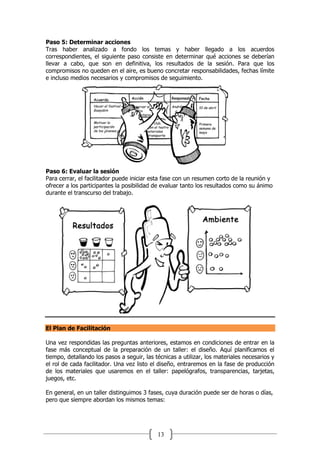 13
Paso 5: Determinar acciones
Tras haber analizado a fondo los temas y haber llegado a los acuerdos
correspondientes, el siguiente paso consiste en determinar qué acciones se deberían
llevar a cabo, que son en definitiva, los resultados de la sesión. Para que los
compromisos no queden en el aire, es bueno concretar responsabilidades, fechas límite
e incluso medios necesarios y compromisos de seguimiento.
Paso 6: Evaluar la sesión
Para cerrar, el facilitador puede iniciar esta fase con un resumen corto de la reunión y
ofrecer a los participantes la posibilidad de evaluar tanto los resultados como su ánimo
durante el transcurso del trabajo.
El Plan de Facilitación
Una vez respondidas las preguntas anteriores, estamos en condiciones de entrar en la
fase más conceptual de la preparación de un taller: el diseño. Aquí planificamos el
tiempo, detallando los pasos a seguir, las técnicas a utilizar, los materiales necesarios y
el rol de cada facilitador. Una vez listo el diseño, entraremos en la fase de producción
de los materiales que usaremos en el taller: papelógrafos, transparencias, tarjetas,
juegos, etc.
En general, en un taller distinguimos 3 fases, cuya duración puede ser de horas o días,
pero que siempre abordan los mismos temas:
 