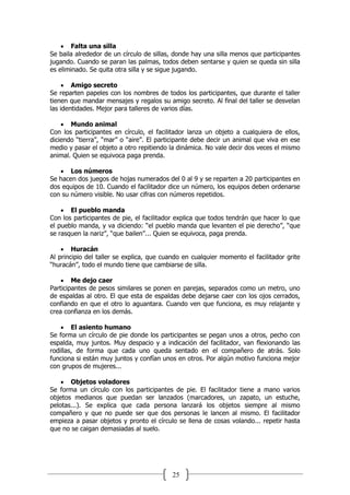 25
 Falta una silla
Se baila alrededor de un círculo de sillas, donde hay una silla menos que participantes
jugando. Cuando se paran las palmas, todos deben sentarse y quien se queda sin silla
es eliminado. Se quita otra silla y se sigue jugando.
 Amigo secreto
Se reparten papeles con los nombres de todos los participantes, que durante el taller
tienen que mandar mensajes y regalos su amigo secreto. Al final del taller se desvelan
las identidades. Mejor para talleres de varios días.
 Mundo animal
Con los participantes en círculo, el facilitador lanza un objeto a cualquiera de ellos,
diciendo “tierra”, “mar” o “aire”. El participante debe decir un animal que viva en ese
medio y pasar el objeto a otro repitiendo la dinámica. No vale decir dos veces el mismo
animal. Quien se equivoca paga prenda.
 Los números
Se hacen dos juegos de hojas numerados del 0 al 9 y se reparten a 20 participantes en
dos equipos de 10. Cuando el facilitador dice un número, los equipos deben ordenarse
con su número visible. No usar cifras con números repetidos.
 El pueblo manda
Con los participantes de pie, el facilitador explica que todos tendrán que hacer lo que
el pueblo manda, y va diciendo: “el pueblo manda que levanten el pie derecho”, “que
se rasquen la nariz”, “que bailen”... Quien se equivoca, paga prenda.
 Huracán
Al principio del taller se explica, que cuando en cualquier momento el facilitador grite
“huracán”, todo el mundo tiene que cambiarse de silla.
 Me dejo caer
Participantes de pesos similares se ponen en parejas, separados como un metro, uno
de espaldas al otro. El que esta de espaldas debe dejarse caer con los ojos cerrados,
confiando en que el otro lo aguantara. Cuando ven que funciona, es muy relajante y
crea confianza en los demás.
 El asiento humano
Se forma un círculo de pie donde los participantes se pegan unos a otros, pecho con
espalda, muy juntos. Muy despacio y a indicación del facilitador, van flexionando las
rodillas, de forma que cada uno queda sentado en el compañero de atrás. Solo
funciona si están muy juntos y confían unos en otros. Por algún motivo funciona mejor
con grupos de mujeres...
 Objetos voladores
Se forma un círculo con los participantes de pie. El facilitador tiene a mano varios
objetos medianos que puedan ser lanzados (marcadores, un zapato, un estuche,
pelotas...). Se explica que cada persona lanzará los objetos siempre al mismo
compañero y que no puede ser que dos personas le lancen al mismo. El facilitador
empieza a pasar objetos y pronto el círculo se llena de cosas volando... repetir hasta
que no se caigan demasiadas al suelo.
 
