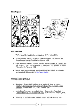 31
Otras tarjetas:
BIBLIOGRAFIA
 VVAA: Manual de Metodologías participativas, CIMA, Madrid, 2009.
 Expósito Verdejo, Miguel: Diagnóstico Rural Participativo. Una guía práctica.
Centro Cultural Poveda, República Dominicana, 2003.
 Carles Medarde,Cristina y Expósito Verdejo, Miguel: Maletín de Campo: una
guía práctica para la capacitación y facilitación en procesos grupales.
Veterinarios Sin Fronteras. 2006.
 Geilfus, Frans: 80 herramientas para el desarrollo participativo, IICA/Holanda,
San Salvador El Salvador, 1997. http://www.iica.int.
PARA PROFUNDIZAR MÁS
 Grundmann, Gesa y Stahl, Joachim: Como la sal en la sopa: conceptos,
métodos y técnicas para profesionalizar el trabajo en las organizaciones de
desarrollo, Ediciones Abya-Yala, Quito - Ecuador, 2002.
 Pretty, Jules; Thompson, Jones; Guijt, Irene y Scoones, Ian: Aprendizaje y
Acción Participativa Guía para Capacitadores, IIED, Santa Cruz Ð Bolivia, 1998.
 Ander-Egg, E: Introducción a la Planificación. Ed. Siglo XXI. Madrid, 1991.
 
