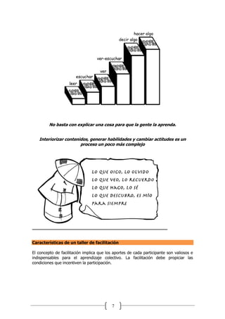 7
No basta con explicar una cosa para que la gente la aprenda.
Interiorizar contenidos, generar habilidades y cambiar actitudes es un
proceso un poco más complejo
Características de un taller de facilitación
El concepto de facilitación implica que los aportes de cada participante son valiosos e
indispensables para el aprendizaje colectivo. La facilitación debe propiciar las
condiciones que incentiven la participación.
 