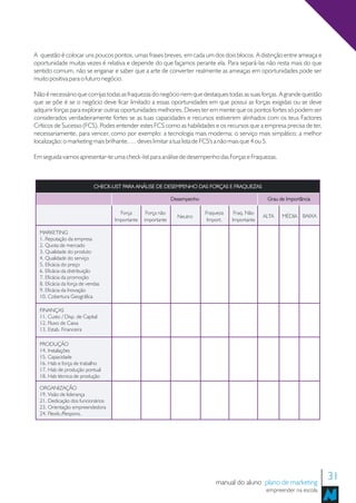 A questão é colocar uns poucos pontos, umas frases breves, em cada um dos dois blocos. A distinção entre ameaça e
oportunidade muitas vezes é relativa e depende do que façamos perante ela. Para separá-las não resta mais do que
sentido comum, não se enganar e saber que a arte de converter realmente as ameaças em oportunidades pode ser
muito positiva para o futuro negócio.

Não é necessário que corrijas todas as fraquezas do negócio nem que destaques todas as suas forças. A grande questão
que se põe é se o negócio deve ficar limitado a essas oportunidades em que possui as forças exigidas ou se deve
adquirir forças para explorar outras oportunidades melhores. Deves ter em mente que os pontos fortes só podem ser
considerados verdadeiramente fortes se as tuas capacidades e recursos estiverem alinhados com os teus Factores
Críticos de Sucesso (FCS). Podes entender estes FCS como as habilidades e os recursos que a empresa precisa de ter,
necessariamente, para vencer, como por exemplo: a tecnologia mais moderna; o serviço mais simpático; a melhor
localização; o marketing mais brilhante, … deves limitar a tua lista de FCS's a não mais que 4 ou 5.

Em seguida vamos apresentar-te uma check-list para análise de desempenho das Forças e Fraquezas.



                             CHECK-LIST PARA ANÁLISE DE DESEMPENHO DAS FORÇAS E FRAQUEZAS

                                                              Desempenho                            Grau de Importância

                                      Força       Força não                Fraqueza    Fraq. Não
                                                                Neutro                             ALTA   MÉDIA BAIXA
                                    Importante   importante                 Import.   Importante

  MARKETING
  1. Reputação da empresa
  2. Quota de mercado
  3. Qualidade do produto
  4. Qualidade do serviço
  5. Eficácia do preço
  6. Eficácia da distribuição
  7. Eficácia da promoção
  8. Eficácia da força de vendas
  9. Eficácia da Inovação
  10. Cobertura Geográfica

  FINANÇAS
  11. Custo / Disp. de Capital
  12. Fluxo de Caixa
  13. Estab. Financeira

  PRODUÇÃO
  14. Instalações
  15. Capacidade
  16. Hab e força de trabalho
  17. Hab de produção pontual
  18. Hab técnica de produção

  ORGANIZAÇÂO
  19. Visão de liderança
  21. Dedicação dos funcionários
  23. Orientação empreendedora
  24. Flexib./Respons.




                                                                               manual do aluno plano de marketing
                                                                                                                           31
                                                                                                    empreender na escola
 