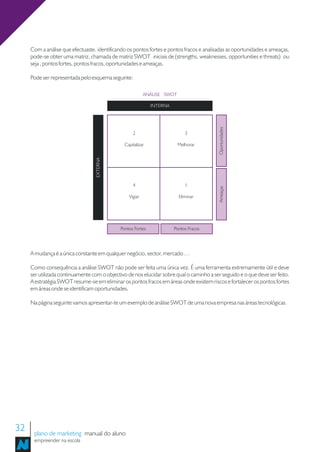 Com a análise que efectuaste, identificando os pontos fortes e pontos fracos e analisadas as oportunidades e ameaças,
     pode-se obter uma matriz, chamada de matriz SWOT iniciais de (strengths, weaknesses, opportunities e threats) ou
     seja , pontos fortes, pontos fracos, oportunidades e ameaças.

     Pode ser representada pelo esquema seguinte:

                                                           ANÁLISE SWOT

                                                              INTERNA




                                                                                           Oportunidades
                                                    2                        3

                                                Capitalizar               Melhorar
                                  EXTERNA




                                                    4                        1




                                                                                           Ameaças
                                                  Vigiar                  Eliminar




                                              Pontos Fortes             Pontos Fracos




     A mudança é a única constante em qualquer negócio, sector, mercado …

     Como consequência a análise SWOT não pode ser feita uma única vez. É uma ferramenta extremamente útil e deve
     ser utilizada continuamente com o objectivo de nos elucidar sobre qual o caminho a ser seguido e o que deve ser feito.
     A estratégia SWOT resume-se em eliminar os pontos fracos em áreas onde existem riscos e fortalecer os pontos fortes
     em áreas onde se identificam oportunidades.

     Na página seguinte vamos apresentar-te um exemplo de análise SWOT de uma nova empresa nas áreas tecnológicas.




32    plano de marketing manual do aluno
      empreender na escola
 