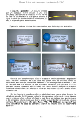 Manual de instrução e montagem experimental do ASBC
17 Sociedade do Sol
A Segunda, o pescador, é um conjunto formado
por um eletroduto flexível amarelo e uma bóia
(flutuador). Esse conjunto é conectado no lado interno
do furo 3 e sua finalidade é levar para o chuveiro a
água da caixa que estiver com maior temperatura, ou
seja, a da parte superior do reservatório.
O pescador pode ser montado de outras maneiras; veja abaixo algumas alternativas:
Observe, após o enchimento da caixa, se as bóias da torneira de entrada e do pescador
estão flutuando livremente. As duas bóias não podem estar se cruzando dentro do
reservatório. Elas têm que funcionarem livremente. Caso aconteça esse cruzamento, a bóia
do pescador deve ficar embaixo da bóia da torneira de entrada, isso para que o furo do
pescador continue captando a água durante o uso. Caso o pescador esteja sobre a bóia da
torneira de entrada, ele poderá interromper o fluxo da água entre a caixa e o chuveiro elétrico
durante o uso.
Um item importante quando os coletores são instalados na mesma altura da caixa é a
válvula de retenção (light) instalada no interior do reservatório no flange de retorno da água
quente vinda dos coletores. Essa válvula serve para liberar a entrada de água quente durante
o dia, e impedir o retorno dessa água durante a noite, ou quando não tiver insolação sobre os
coletores. Mais detalhes em: site> como fazer> FAQ> FAQ 9.002, com a pergunta: O que
devo considerar no caso de coletores estarem no mesmo nível do reservatório
térmico?
 