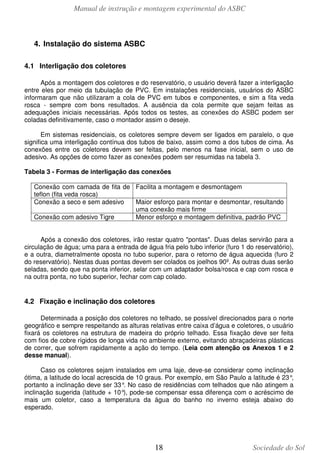 Manual de instrução e montagem experimental do ASBC

4. Instalação do sistema ASBC
4.1 Interligação dos coletores
Após a montagem dos coletores e do reservatório, o usuário deverá fazer a interligação
entre eles por meio da tubulação de PVC. Em instalações residenciais, usuários do ASBC
informaram que não utilizaram a cola de PVC em tubos e componentes, e sim a fita veda
rosca - sempre com bons resultados. A ausência da cola permite que sejam feitas as
adequações iniciais necessárias. Após todos os testes, as conexões do ASBC podem ser
coladas definitivamente, caso o montador assim o deseje.
Em sistemas residenciais, os coletores sempre devem ser ligados em paralelo, o que
significa uma interligação contínua dos tubos de baixo, assim como a dos tubos de cima. As
conexões entre os coletores devem ser feitas, pelo menos na fase inicial, sem o uso de
adesivo. As opções de como fazer as conexões podem ser resumidas na tabela 3.
Tabela 3 - Formas de interligação das conexões
Conexão com camada de fita de Facilita a montagem e desmontagem
teflon (fita veda rosca)
Conexão a seco e sem adesivo
Maior esforço para montar e desmontar, resultando
uma conexão mais firme
Conexão com adesivo Tigre
Menor esforço e montagem definitiva, padrão PVC
Após a conexão dos coletores, irão restar quatro "pontas". Duas delas servirão para a
circulação de água; uma para a entrada de água fria pelo tubo inferior (furo 1 do reservatório),
e a outra, diametralmente oposta no tubo superior, para o retorno de água aquecida (furo 2
do reservatório). Nestas duas pontas devem ser colados os joelhos 90º. As outras duas serão
seladas, sendo que na ponta inferior, selar com um adaptador bolsa/rosca e cap com rosca e
na outra ponta, no tubo superior, fechar com cap colado.

4.2 Fixação e inclinação dos coletores
Determinada a posição dos coletores no telhado, se possível direcionados para o norte
geográfico e sempre respeitando as alturas relativas entre caixa d’água e coletores, o usuário
fixará os coletores na estrutura de madeira do próprio telhado. Essa fixação deve ser feita
com fios de cobre rígidos de longa vida no ambiente externo, evitando abraçadeiras plásticas
de correr, que sofrem rapidamente a ação do tempo. (Leia com atenção os Anexos 1 e 2
desse manual).
Caso os coletores sejam instalados em uma laje, deve-se considerar como inclinação
ótima, a latitude do local acrescida de 10 graus. Por exemplo, em São Paulo a latitude é 23°
,
portanto a inclinação deve ser 33° No caso de residências com telhados que não atingem a
.
inclinação sugerida (latitude + 10° pode-se compensar essa diferença com o acréscimo de
),
mais um coletor, caso a temperatura da água do banho no inverno esteja abaixo do
esperado.

18

Sociedade do Sol

 
