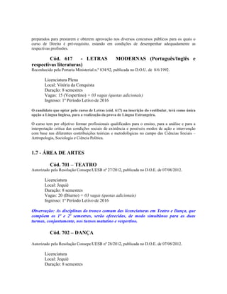 preparados para prestarem e obterem aprovação nos diversos concursos públicos para os quais o
curso de Direito é pré-requisito, estando em condições de desempenhar adequadamente as
respectivas profissões.
Cód. 617 - LETRAS MODERNAS (Português/Inglês e
respectivas literaturas)
Reconhecido pela Portaria Ministerial n.º 834/92, publicada no D.O.U. de 8/6/1992.
Licenciatura Plena
Local: Vitória da Conquista
Duração: 8 semestres
Vagas: 15 (Vespertino) + 03 vagas (quotas adicionais)
Ingresso: 1º Período Letivo de 2016
O candidato que optar pelo curso de Letras (cód. 617) na inscrição do vestibular, terá como única
opção a Língua Inglesa, para a realização da prova de Língua Estrangeira.
O curso tem por objetivo formar profissionais qualificados para o ensino, para a análise e para a
interpretação crítica das condições sociais de existência e possíveis modos de ação e intervenção
com base nas diferentes contribuições teóricas e metodológicas no campo das Ciências Sociais –
Antropologia, Sociologia e Ciência Política.
1.7 - ÁREA DE ARTES
Cód. 701 – TEATRO
Autorizado pela Resolução Consepe/UESB nº 27/2012, publicada no D.O.E. de 07/08/2012.
Licenciatura
Local: Jequié
Duração: 8 semestres
Vagas: 20 (Diurno) + 03 vagas (quotas adicionais)
Ingresso: 1º Período Letivo de 2016
Observação: As disciplinas do tronco comum das licenciaturas em Teatro e Dança, que
compõem os 1º e 2º semestres, serão oferecidas, de modo simultâneo para as duas
turmas, conjuntamente, nos turnos matutino e vespertino.
Cód. 702 – DANÇA
Autorizado pela Resolução Consepe/UESB nº 28/2012, publicada no D.O.E. de 07/08/2012.
Licenciatura
Local: Jequié
Duração: 8 semestres
 