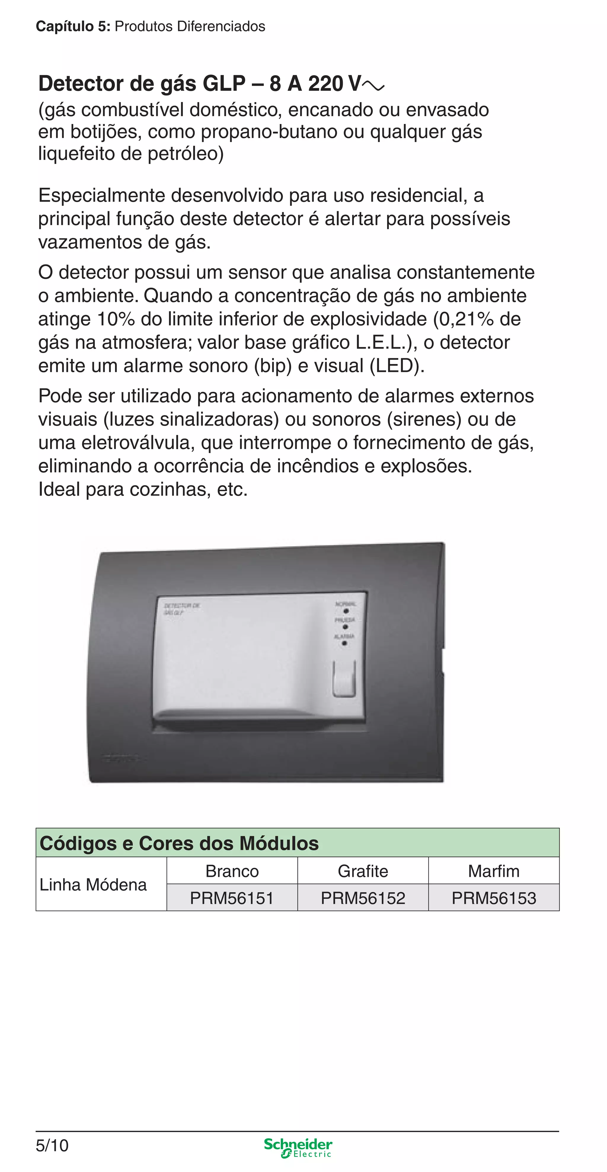 5/10
Capítulo 5: Produtos Diferenciados
Especialmente desenvolvido para uso residencial, a
principal função deste detector é alertar para possíveis
vazamentos de gás.
O detector possui um sensor que analisa constantemente
o ambiente. Quando a concentração de gás no ambiente
atinge 10% do limite inferior de explosividade (0,21% de
gás na atmosfera; valor base gráﬁco L.E.L.), o detector
emite um alarme sonoro (bip) e visual (LED).
Pode ser utilizado para acionamento de alarmes externos
visuais (luzes sinalizadoras) ou sonoros (sirenes) ou de
uma eletroválvula, que interrompe o fornecimento de gás,
eliminando a ocorrência de incêndios e explosões.
Ideal para cozinhas, etc.
Detector de gás GLP – 8 A 220 Va
(gás combustível doméstico, encanado ou envasado
em botijões, como propano-butano ou qualquer gás
liquefeito de petróleo)
Códigos e Cores dos Módulos
Linha Módena
Branco Grafite Marfim
PRM56151 PRM56152 PRM56153
5_Produtos diferenciados.indd 5/105_Produtos diferenciados.indd 5/10 9/19/08 11:45:20 AM9/19/08 11:45:20 AM
 