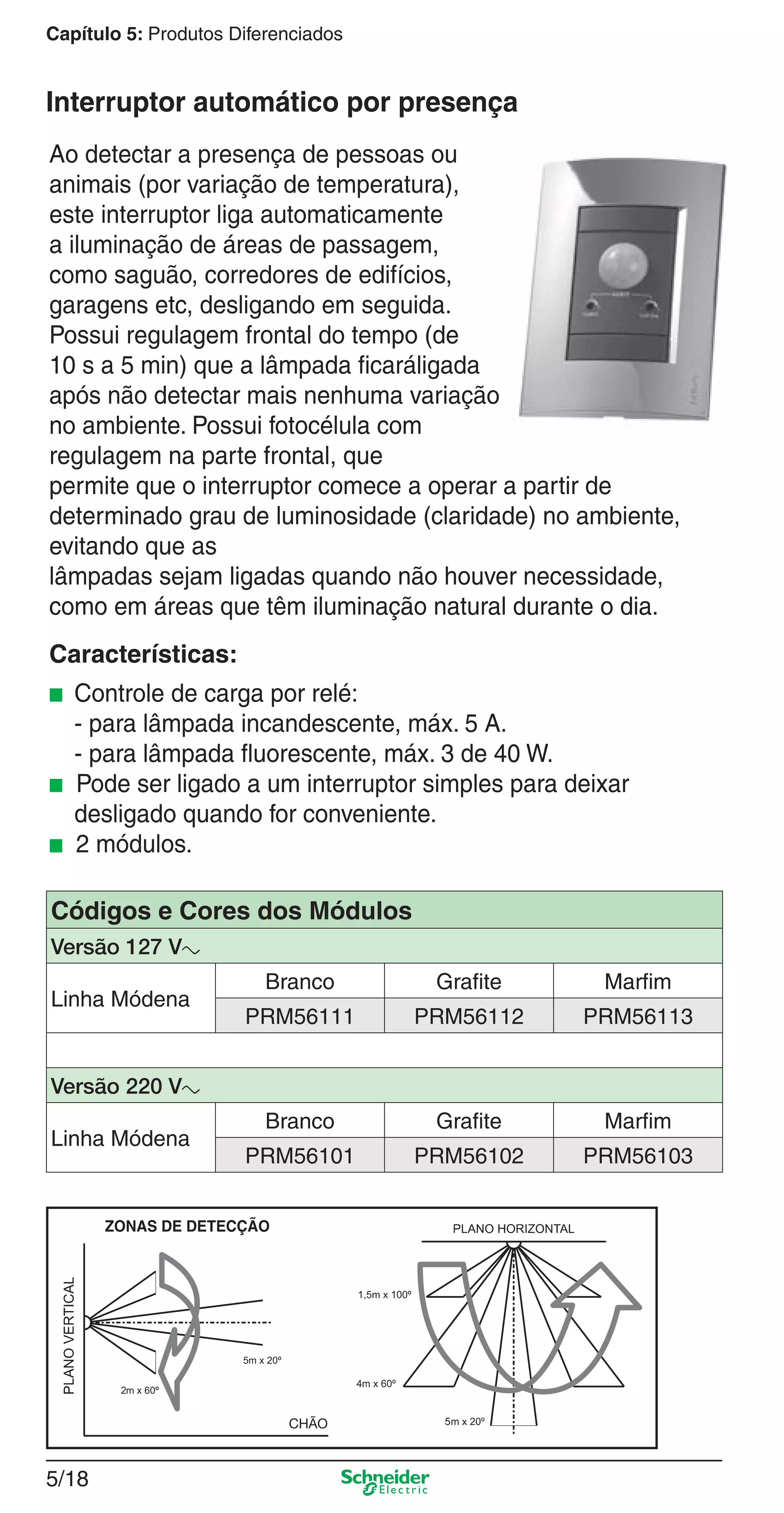 5/18
Capítulo 5: Produtos Diferenciados
Ao detectar a presença de pessoas ou
animais (por variação de temperatura),
este interruptor liga automaticamente
a iluminação de áreas de passagem,
como saguão, corredores de edifícios,
garagens etc, desligando em seguida.
Possui regulagem frontal do tempo (de
10 s a 5 min) que a lâmpada ﬁcaráligada
após não detectar mais nenhuma variação
no ambiente. Possui fotocélula com
regulagem na parte frontal, que
permite que o interruptor comece a operar a partir de
determinado grau de luminosidade (claridade) no ambiente,
evitando que as
lâmpadas sejam ligadas quando não houver necessidade,
como em áreas que têm iluminação natural durante o dia.
Características:
■ Controle de carga por relé:
- para lâmpada incandescente, máx. 5 A.
- para lâmpada ﬂuorescente, máx. 3 de 40 W.
■ Pode ser ligado a um interruptor simples para deixar
desligado quando for conveniente.
■ 2 módulos.
Interruptor automático por presença
Códigos e Cores dos Módulos
Versão 127 Va
Linha Módena
Branco Grafite Marfim
PRM56111 PRM56112 PRM56113
Versão 220 Va
Linha Módena
Branco Grafite Marfim
PRM56101 PRM56102 PRM56103
5_Produtos diferenciados.indd 5/185_Produtos diferenciados.indd 5/18 9/19/08 11:45:24 AM9/19/08 11:45:24 AM
 
