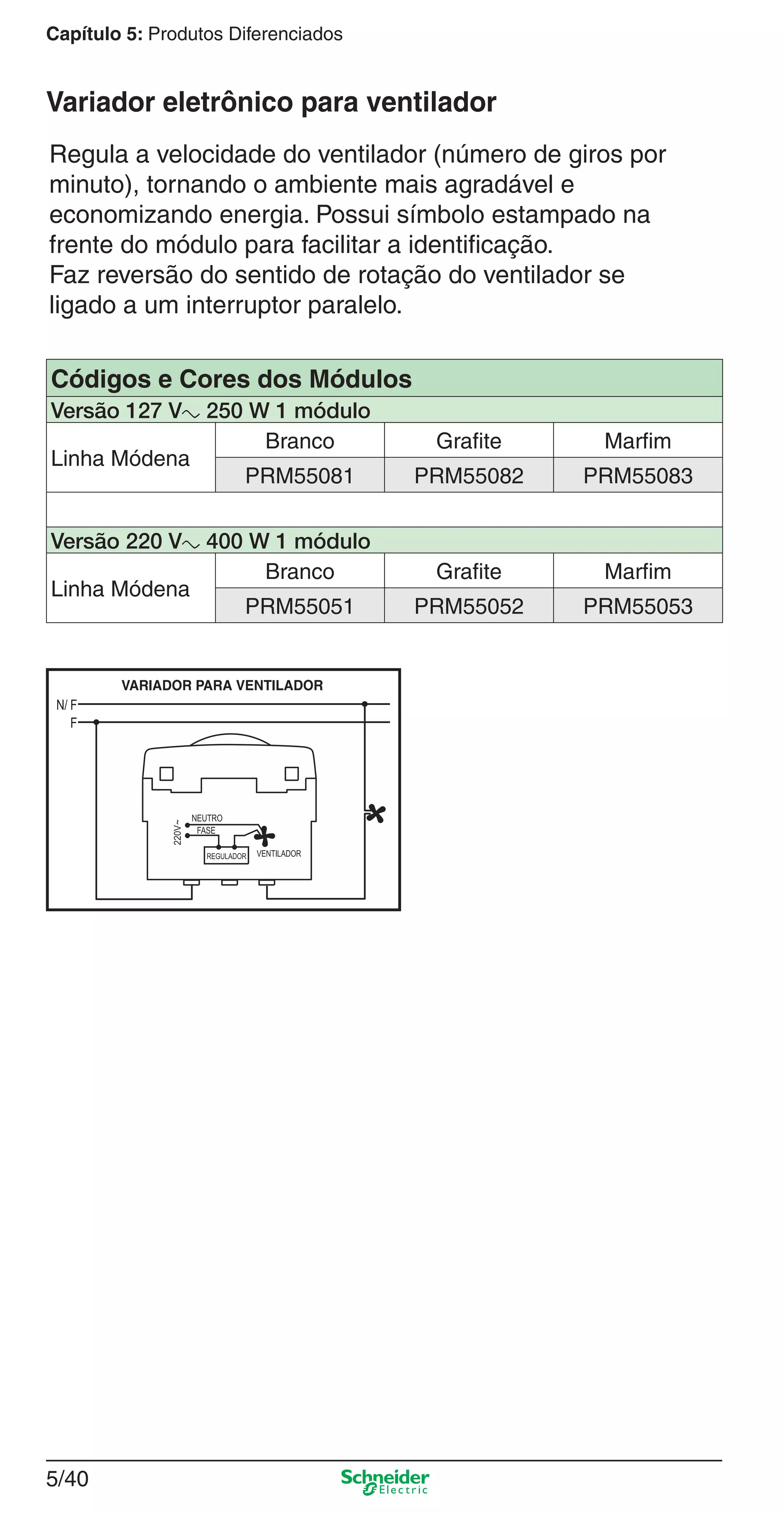5/40
Capítulo 5: Produtos Diferenciados
Regula a velocidade do ventilador (número de giros por
minuto), tornando o ambiente mais agradável e
economizando energia. Possui símbolo estampado na
frente do módulo para facilitar a identiﬁcação.
Faz reversão do sentido de rotação do ventilador se
ligado a um interruptor paralelo.
Variador eletrônico para ventilador
Códigos e Cores dos Módulos
Versão 127 Va 250 W 1 módulo
Linha Módena
Branco Grafite Marfim
PRM55081 PRM55082 PRM55083
Versão 220 Va 400 W 1 módulo
Linha Módena
Branco Grafite Marfim
PRM55051 PRM55052 PRM55053
5_Produtos diferenciados.indd 5/405_Produtos diferenciados.indd 5/40 9/19/08 11:45:32 AM9/19/08 11:45:32 AM
 