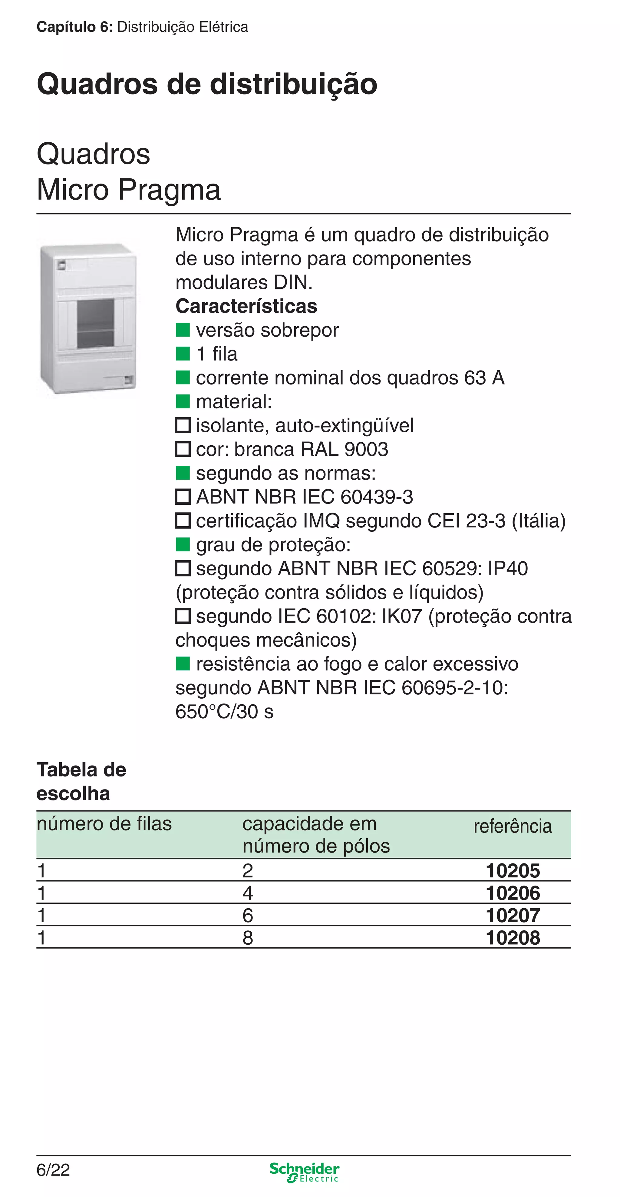6/22
Capítulo 6: Distribuição Elétrica
Quadros de distribuição
Micro Pragma é um quadro de distribuição
de uso interno para componentes
modulares DIN.
Características
■ versão sobrepor
■ 1 ﬁla
■ corrente nominal dos quadros 63 A
■ material:
■ isolante, auto-extingüível
■ cor: branca RAL 9003
■ segundo as normas:
■ ABNT NBR IEC 60439-3
■ certiﬁcação IMQ segundo CEI 23-3 (Itália)
■ grau de proteção:
■ segundo ABNT NBR IEC 60529: IP40
(proteção contra sólidos e líquidos)
■ segundo IEC 60102: IK07 (proteção contra
choques mecânicos)
■ resistência ao fogo e calor excessivo
segundo ABNT NBR IEC 60695-2-10:
650°C/30 s
Quadros
Micro Pragma
número de ﬁlas capacidade em referência
número de pólos
1 2 10205
1 4 10206
1 6 10207
1 8 10208
Tabela de
escolha
6_Distrib eletr-1.indd 6/226_Distrib eletr-1.indd 6/22 9/19/08 11:56:16 AM9/19/08 11:56:16 AM
 
