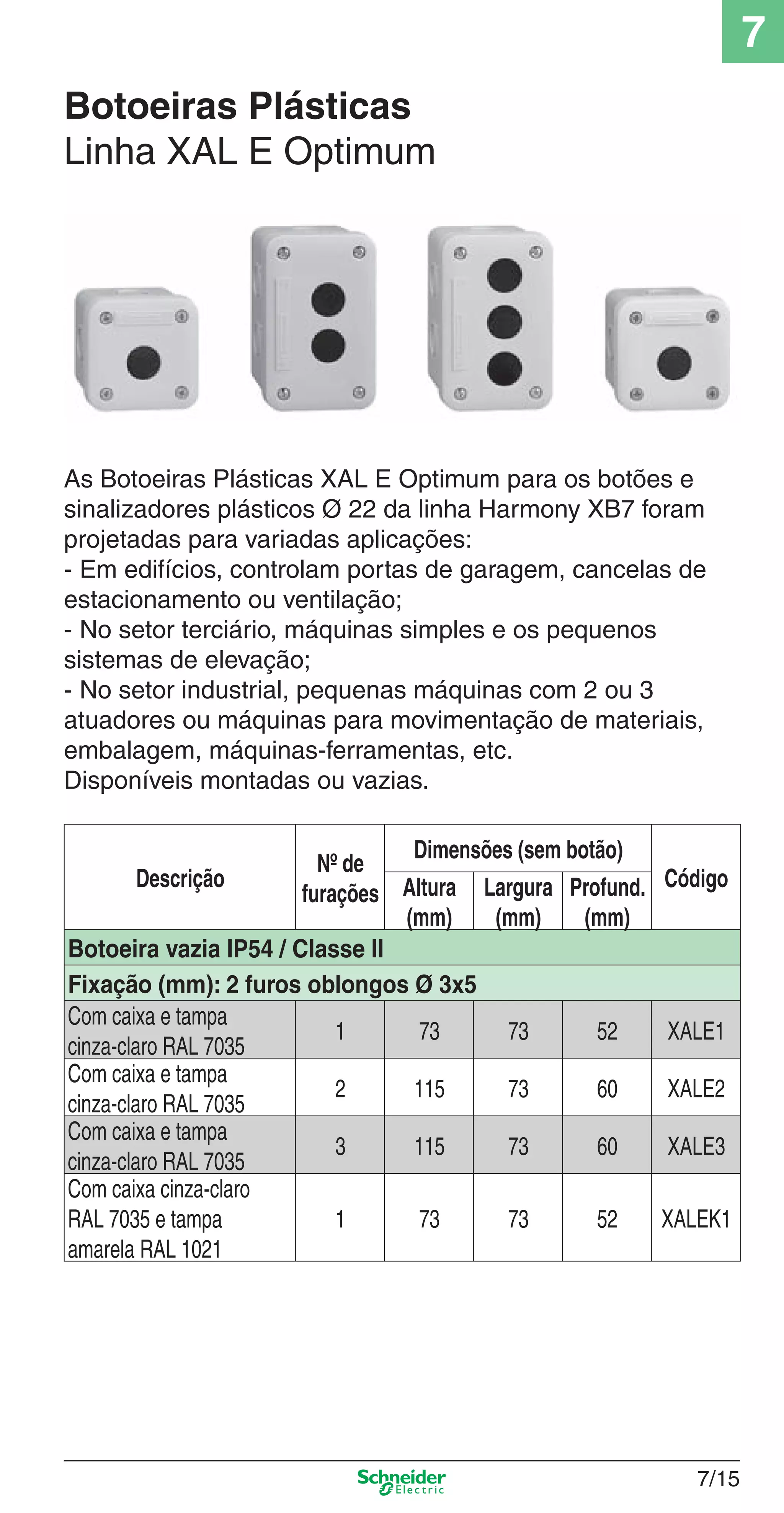Botoeiras Plásticas
Linha XAL E Optimum
As Botoeiras Plásticas XAL E Optimum para os botões e
sinalizadores plásticos Ø 22 da linha Harmony XB7 foram
projetadas para variadas aplicações:
- Em edifícios, controlam portas de garagem, cancelas de
estacionamento ou ventilação;
- No setor terciário, máquinas simples e os pequenos
sistemas de elevação;
- No setor industrial, pequenas máquinas com 2 ou 3
atuadores ou máquinas para movimentação de materiais,
embalagem, máquinas-ferramentas, etc.
Disponíveis montadas ou vazias.
Descrição
Nº de
furações
Dimensões (sem botão)
CódigoAltura
(mm)
Largura
(mm)
Profund.
(mm)
Botoeira vazia IP54 / Classe II
Fixação (mm): 2 furos oblongos Ø 3x5
Com caixa e tampa
cinza-claro RAL 7035
1 73 73 52 XALE1
Com caixa e tampa
cinza-claro RAL 7035
2 115 73 60 XALE2
Com caixa e tampa
cinza-claro RAL 7035
3 115 73 60 XALE3
Com caixa cinza-claro
RAL 7035 e tampa
amarela RAL 1021
1 73 73 52 XALEK1
7/15
7
7_Contr-Com Potencia.indd 7/157_Contr-Com Potencia.indd 7/15 9/19/08 12:00:49 PM9/19/08 12:00:49 PM
 