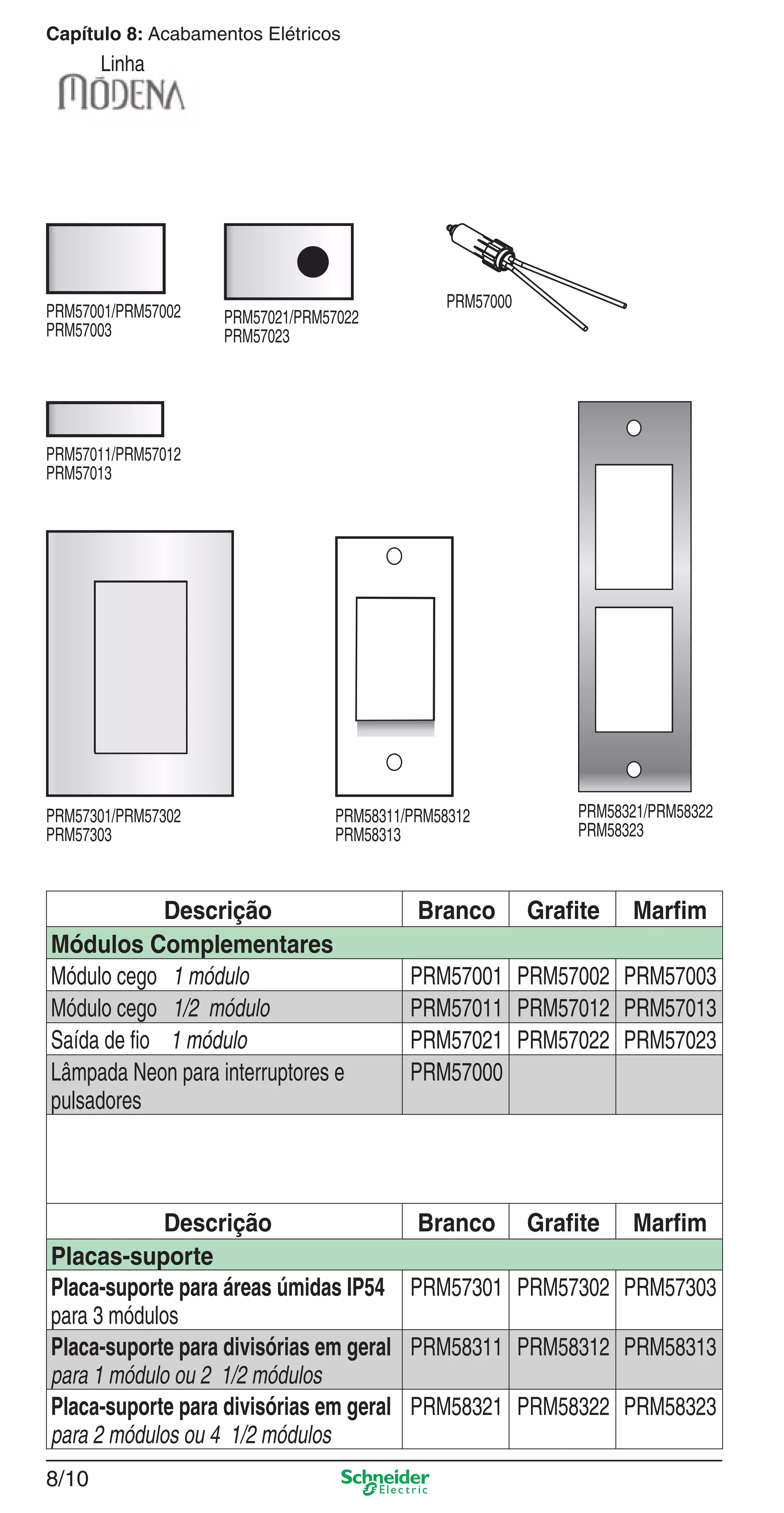 8/10
Capítulo 8: Acabamentos Elétricos
Linha
Descrição Branco Graﬁte Marﬁm
Módulos Complementares
Módulo cego 1 módulo PRM57001 PRM57002 PRM57003
Módulo cego 1/2 módulo PRM57011 PRM57012 PRM57013
Saída de ﬁo 1 módulo PRM57021 PRM57022 PRM57023
Lâmpada Neon para interruptores e
pulsadores
PRM57000
Descrição Branco Graﬁte Marﬁm
Placas-suporte
Placa-suporte para áreas úmidas IP54
para 3 módulos
PRM57301 PRM57302 PRM57303
Placa-suporte para divisórias em geral
para 1 módulo ou 2 1/2 módulos
PRM58311 PRM58312 PRM58313
Placa-suporte para divisórias em geral
para 2 módulos ou 4 1/2 módulos
PRM58321 PRM58322 PRM58323
PRM57001/PRM57002
PRM57003
PRM57011/PRM57012
PRM57013
PRM57021/PRM57022
PRM57023
PRM58311/PRM58312
PRM58313
PRM58321/PRM58322
PRM58323
PRM57301/PRM57302
PRM57303
PRM57000
8_Produtos Prime-1.indd 8/108_Produtos Prime-1.indd 8/10 9/19/08 12:08:49 PM9/19/08 12:08:49 PM
 