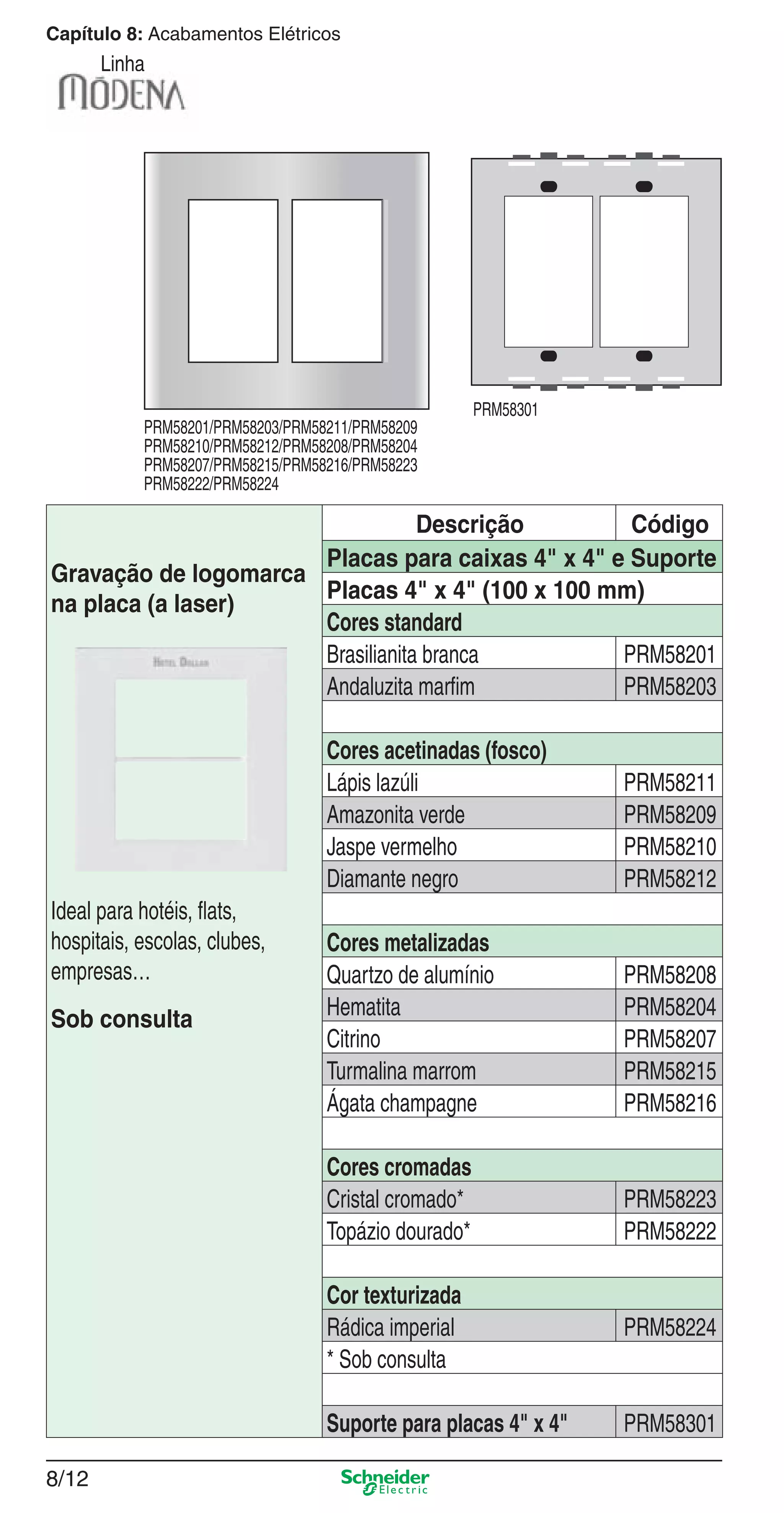 8/12
Capítulo 8: Acabamentos Elétricos
Linha
Descrição Código
Gravação de logomarca
na placa (a laser)
Ideal para hotéis, ﬂats,
hospitais, escolas, clubes,
empresas…
Sob consulta
Placas para caixas 4" x 4" e Suporte
Placas 4" x 4" (100 x 100 mm)
Cores standard
Brasilianita branca PRM58201
Andaluzita marﬁm PRM58203
Cores acetinadas (fosco)
Lápis lazúli PRM58211
Amazonita verde PRM58209
Jaspe vermelho PRM58210
Diamante negro PRM58212
Cores metalizadas
Quartzo de alumínio PRM58208
Hematita PRM58204
Citrino PRM58207
Turmalina marrom PRM58215
Ágata champagne PRM58216
Cores cromadas
Cristal cromado* PRM58223
Topázio dourado* PRM58222
Cor texturizada
Rádica imperial PRM58224
* Sob consulta
Suporte para placas 4" x 4" PRM58301
PRM58201/PRM58203/PRM58211/PRM58209
PRM58210/PRM58212/PRM58208/PRM58204
PRM58207/PRM58215/PRM58216/PRM58223
PRM58222/PRM58224
PRM58301
8_Produtos Prime-1.indd 8/128_Produtos Prime-1.indd 8/12 9/19/08 12:08:49 PM9/19/08 12:08:49 PM
 