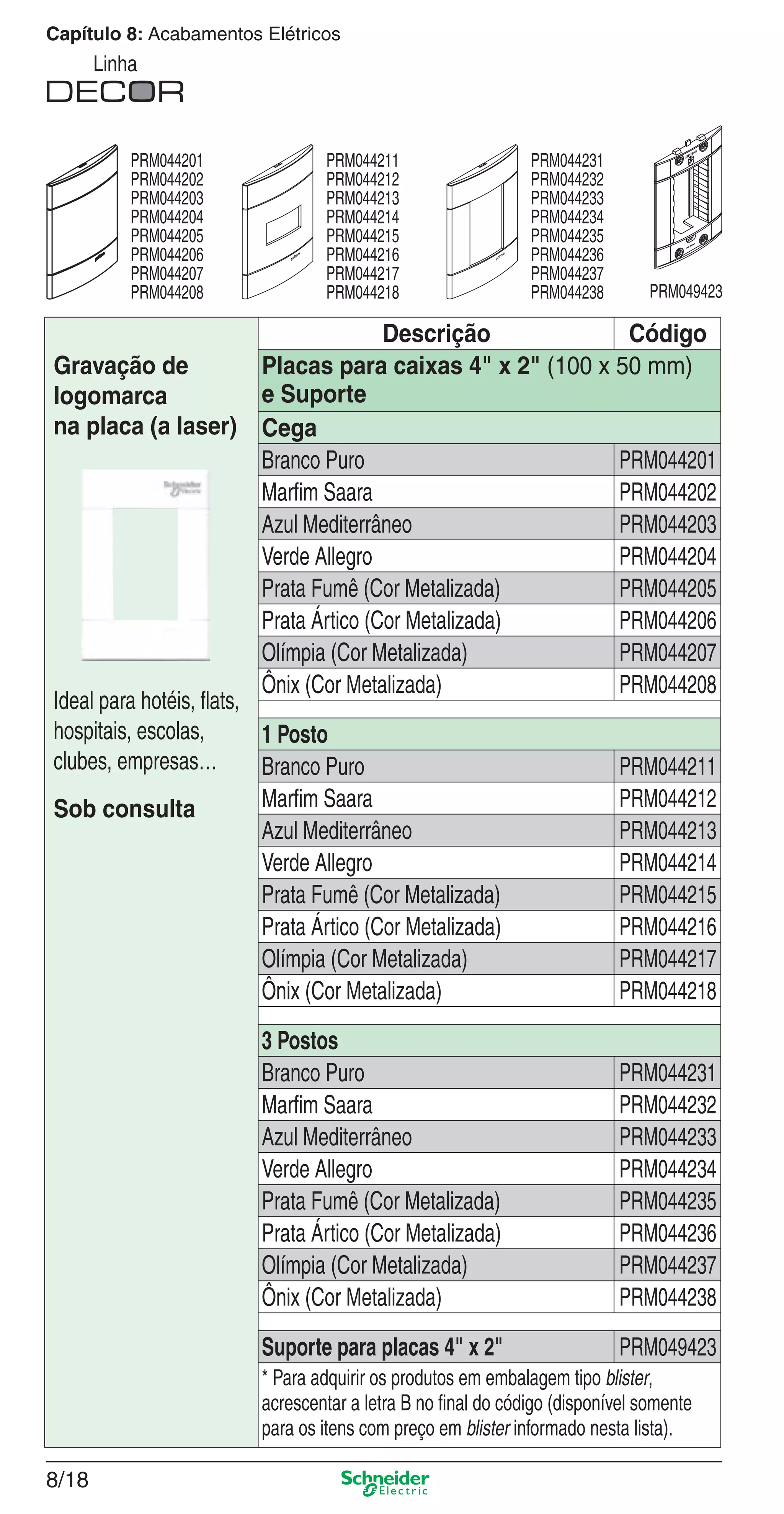 8/18
Capítulo 8: Acabamentos Elétricos
Linha
Descrição Código
Gravação de
logomarca
na placa (a laser)
Ideal para hotéis, ﬂats,
hospitais, escolas,
clubes, empresas…
Sob consulta
Placas para caixas 4" x 2" (100 x 50 mm)
e Suporte
Cega
Branco Puro PRM044201
Marﬁm Saara PRM044202
Azul Mediterrâneo PRM044203
Verde Allegro PRM044204
Prata Fumê (Cor Metalizada) PRM044205
Prata Ártico (Cor Metalizada) PRM044206
Olímpia (Cor Metalizada) PRM044207
Ônix (Cor Metalizada) PRM044208
1 Posto
Branco Puro PRM044211
Marﬁm Saara PRM044212
Azul Mediterrâneo PRM044213
Verde Allegro PRM044214
Prata Fumê (Cor Metalizada) PRM044215
Prata Ártico (Cor Metalizada) PRM044216
Olímpia (Cor Metalizada) PRM044217
Ônix (Cor Metalizada) PRM044218
3 Postos
Branco Puro PRM044231
Marﬁm Saara PRM044232
Azul Mediterrâneo PRM044233
Verde Allegro PRM044234
Prata Fumê (Cor Metalizada) PRM044235
Prata Ártico (Cor Metalizada) PRM044236
Olímpia (Cor Metalizada) PRM044237
Ônix (Cor Metalizada) PRM044238
Suporte para placas 4" x 2" PRM049423
* Para adquirir os produtos em embalagem tipo blister,
acrescentar a letra B no ﬁnal do código (disponível somente
para os itens com preço em blister informado nesta lista).
PRM044201
PRM044202
PRM044203
PRM044204
PRM044205
PRM044206
PRM044207
PRM044208
PRM044211
PRM044212
PRM044213
PRM044214
PRM044215
PRM044216
PRM044217
PRM044218
PRM044231
PRM044232
PRM044233
PRM044234
PRM044235
PRM044236
PRM044237
PRM044238 PRM049423
8_Produtos Prime-1.indd 8/188_Produtos Prime-1.indd 8/18 9/19/08 12:08:51 PM9/19/08 12:08:51 PM
 