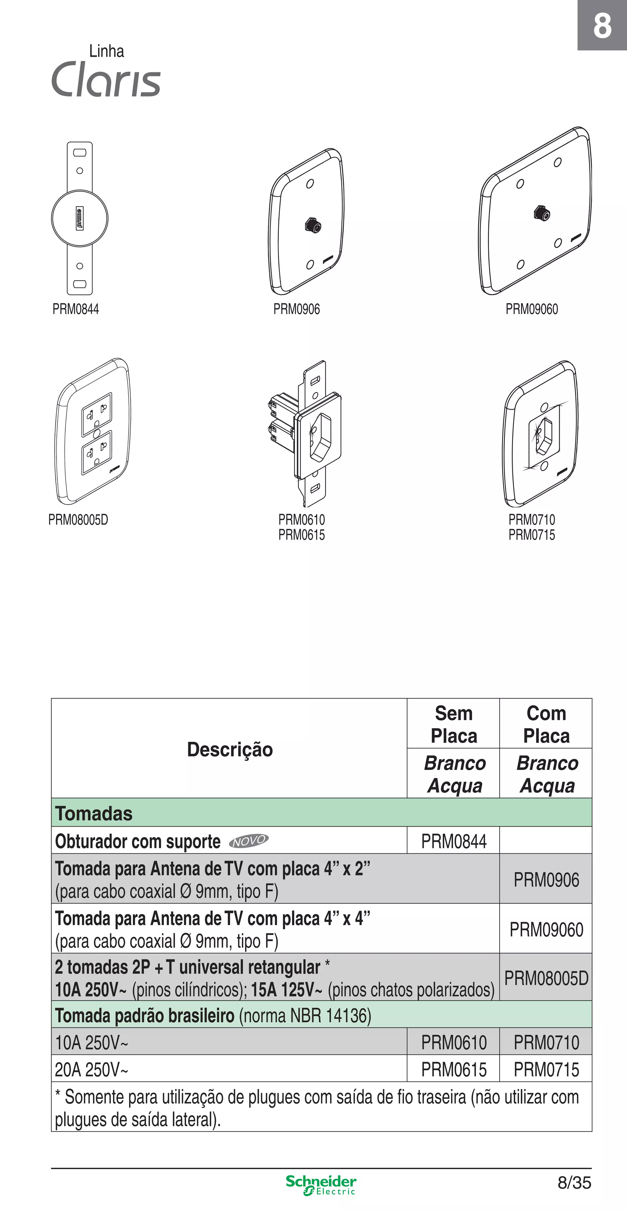 8/35
8
Linha
Descrição
Sem
Placa
Com
Placa
Branco
Acqua
Branco
Acqua
Tomadas
Obturador com suporte PRM0844
Tomada para Antena deTV com placa 4”x 2”
(para cabo coaxial Ø 9mm, tipo F)
PRM0906
Tomada para Antena deTV com placa 4”x 4”
(para cabo coaxial Ø 9mm, tipo F)
PRM09060
2 tomadas 2P +T universal retangular *
10A 250V~ (pinos cilíndricos); 15A 125V~ (pinos chatos polarizados)
PRM08005D
Tomada padrão brasileiro (norma NBR 14136)
10A 250V~ PRM0610 PRM0710
20A 250V~ PRM0615 PRM0715
* Somente para utilização de plugues com saída de ﬁo traseira (não utilizar com
plugues de saída lateral).
PRM08005D
PRM0844
PRM0610
PRM0615
PRM0906
PRM0710
PRM0715
PRM09060
8_Produtos Prime-1.indd 8/358_Produtos Prime-1.indd 8/35 9/19/08 12:08:59 PM9/19/08 12:08:59 PM
 