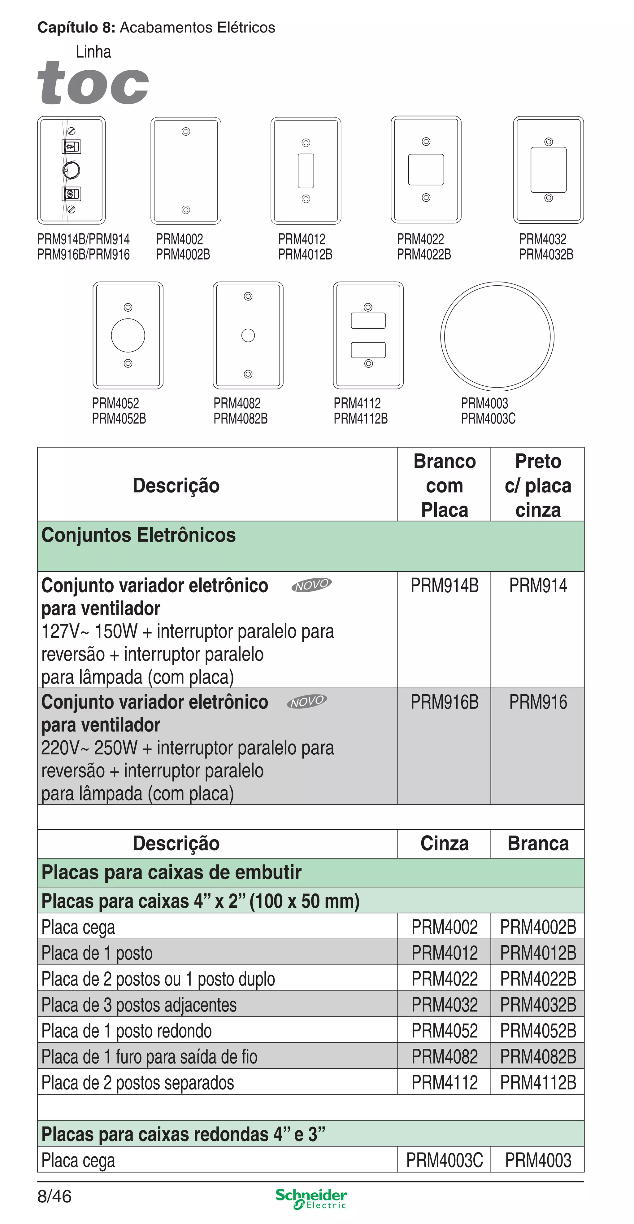 8/46
Capítulo 8: Acabamentos Elétricos
Linha
Descrição
Branco
com
Placa
Preto
c/ placa
cinza
Conjuntos Eletrônicos
Conjunto variador eletrônico
para ventilador
127V~ 150W + interruptor paralelo para
reversão + interruptor paralelo
para lâmpada (com placa)
PRM914B PRM914
Conjunto variador eletrônico
para ventilador
220V~ 250W + interruptor paralelo para
reversão + interruptor paralelo
para lâmpada (com placa)
PRM916B PRM916
Descrição Cinza Branca
Placas para caixas de embutir
Placas para caixas 4” x 2” (100 x 50 mm)
Placa cega PRM4002 PRM4002B
Placa de 1 posto PRM4012 PRM4012B
Placa de 2 postos ou 1 posto duplo PRM4022 PRM4022B
Placa de 3 postos adjacentes PRM4032 PRM4032B
Placa de 1 posto redondo PRM4052 PRM4052B
Placa de 1 furo para saída de ﬁo PRM4082 PRM4082B
Placa de 2 postos separados PRM4112 PRM4112B
Placas para caixas redondas 4” e 3”
Placa cega PRM4003C PRM4003
PRM914B/PRM914
PRM916B/PRM916
PRM4002
PRM4002B
PRM4012
PRM4012B
PRM4022
PRM4022B
PRM4032
PRM4032B
PRM4052
PRM4052B
PRM4082
PRM4082B
PRM4112
PRM4112B
PRM4003
PRM4003C
8_Produtos Prime-1.indd 8/468_Produtos Prime-1.indd 8/46 9/19/08 12:09:03 PM9/19/08 12:09:03 PM
 