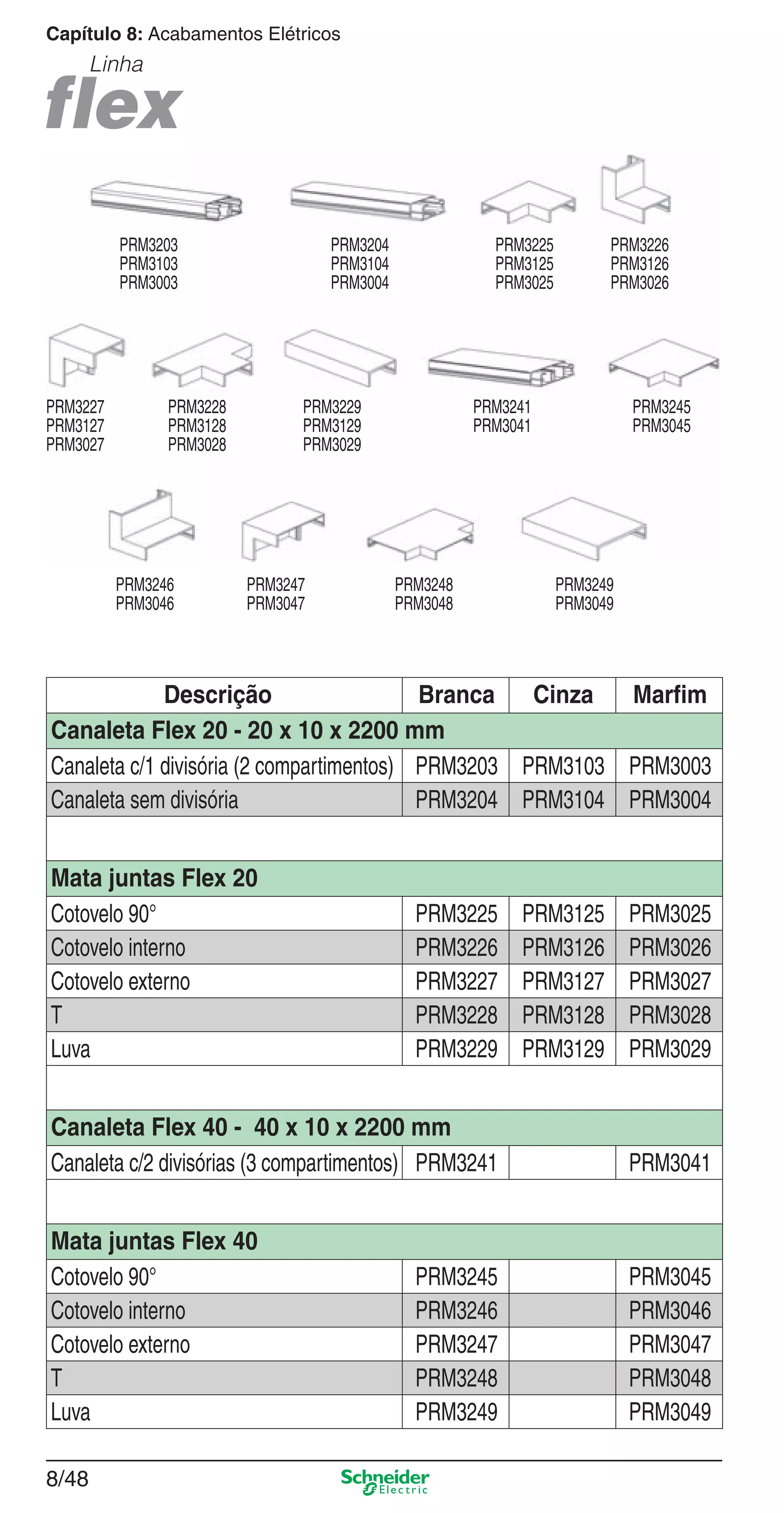 8/48
Capítulo 8: Acabamentos Elétricos
Linha
Descrição Branca Cinza Marﬁm
Canaleta Flex 20 - 20 x 10 x 2200 mm
Canaleta c/1 divisória (2 compartimentos) PRM3203 PRM3103 PRM3003
Canaleta sem divisória PRM3204 PRM3104 PRM3004
Mata juntas Flex 20
Cotovelo 90° PRM3225 PRM3125 PRM3025
Cotovelo interno PRM3226 PRM3126 PRM3026
Cotovelo externo PRM3227 PRM3127 PRM3027
T PRM3228 PRM3128 PRM3028
Luva PRM3229 PRM3129 PRM3029
Canaleta Flex 40 - 40 x 10 x 2200 mm
Canaleta c/2 divisórias (3 compartimentos) PRM3241 PRM3041
Mata juntas Flex 40
Cotovelo 90° PRM3245 PRM3045
Cotovelo interno PRM3246 PRM3046
Cotovelo externo PRM3247 PRM3047
T PRM3248 PRM3048
Luva PRM3249 PRM3049
PRM3246
PRM3046
PRM3247
PRM3047
PRM3248
PRM3048
PRM3249
PRM3049
PRM3204
PRM3104
PRM3004
PRM3225
PRM3125
PRM3025
PRM3226
PRM3126
PRM3026
PRM3203
PRM3103
PRM3003
PRM3227
PRM3127
PRM3027
PRM3228
PRM3128
PRM3028
PRM3229
PRM3129
PRM3029
PRM3241
PRM3041
PRM3245
PRM3045
8_Produtos Prime-2.indd 8/488_Produtos Prime-2.indd 8/48 9/19/08 12:11:54 PM9/19/08 12:11:54 PM
 