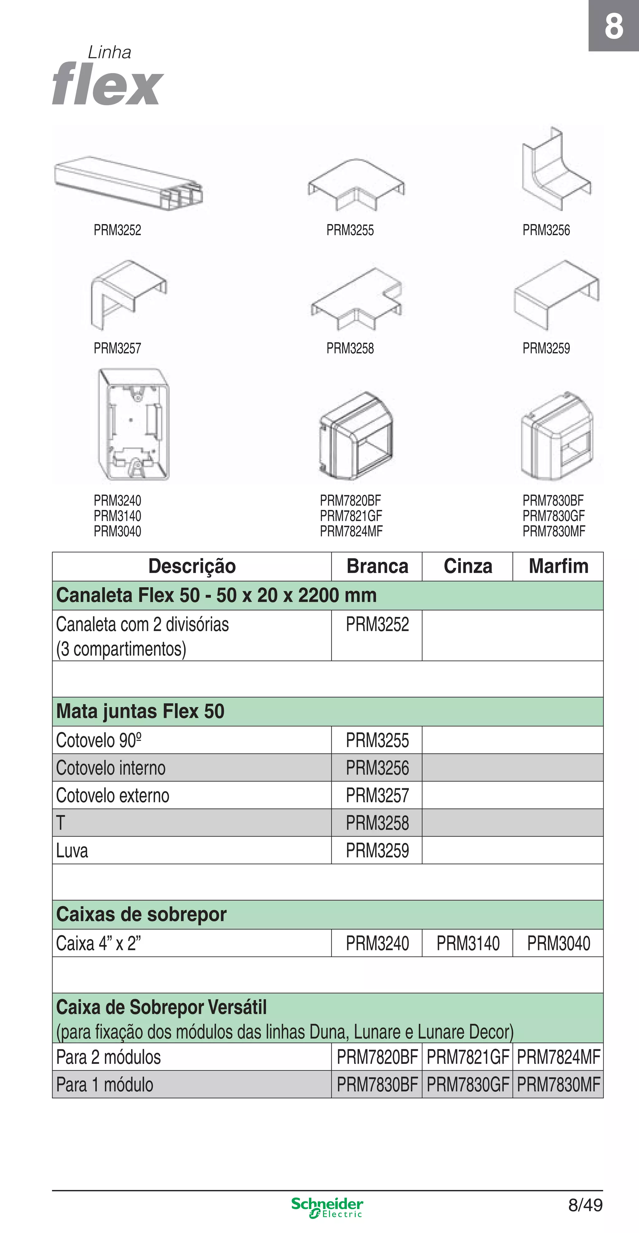 8/49
8
Linha
Descrição Branca Cinza Marﬁm
Canaleta Flex 50 - 50 x 20 x 2200 mm
Canaleta com 2 divisórias
(3 compartimentos)
PRM3252
Mata juntas Flex 50
Cotovelo 90º PRM3255
Cotovelo interno PRM3256
Cotovelo externo PRM3257
T PRM3258
Luva PRM3259
Caixas de sobrepor
Caixa 4” x 2” PRM3240 PRM3140 PRM3040
Caixa de Sobrepor Versátil
(para ﬁxação dos módulos das linhas Duna, Lunare e Lunare Decor)
Para 2 módulos PRM7820BF PRM7821GF PRM7824MF
Para 1 módulo PRM7830BF PRM7830GF PRM7830MF
PRM7830BF
PRM7830GF
PRM7830MF
PRM7820BF
PRM7821GF
PRM7824MF
PRM3240
PRM3140
PRM3040
PRM3259PRM3258PRM3257
PRM3256PRM3255PRM3252
8_Produtos Prime-2.indd 8/498_Produtos Prime-2.indd 8/49 9/19/08 12:11:55 PM9/19/08 12:11:55 PM
 