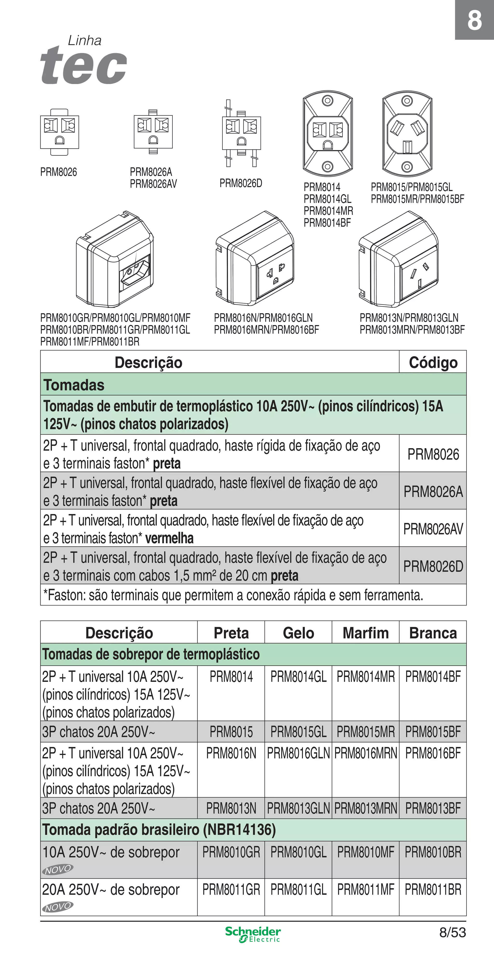 8/53
8
Linha
Descrição Código
Tomadas
Tomadas de embutir de termoplástico 10A 250V~ (pinos cilíndricos) 15A
125V~ (pinos chatos polarizados)
2P + T universal, frontal quadrado, haste rígida de ﬁxação de aço
e 3 terminais faston* preta
PRM8026
2P + T universal, frontal quadrado, haste ﬂexível de ﬁxação de aço
e 3 terminais faston* preta
PRM8026A
2P +T universal, frontal quadrado, haste ﬂexível de ﬁxação de aço
e 3 terminais faston* vermelha
PRM8026AV
2P + T universal, frontal quadrado, haste ﬂexível de ﬁxação de aço
e 3 terminais com cabos 1,5 mm² de 20 cm preta
PRM8026D
*Faston: são terminais que permitem a conexão rápida e sem ferramenta.
Descrição Preta Gelo Marﬁm Branca
Tomadas de sobrepor de termoplástico
2P + T universal 10A 250V~
(pinos cilíndricos) 15A 125V~
(pinos chatos polarizados)
PRM8014 PRM8014GL PRM8014MR PRM8014BF
3P chatos 20A 250V~ PRM8015 PRM8015GL PRM8015MR PRM8015BF
2P + T universal 10A 250V~
(pinos cilíndricos) 15A 125V~
(pinos chatos polarizados)
PRM8016N PRM8016GLN PRM8016MRN PRM8016BF
3P chatos 20A 250V~ PRM8013N PRM8013GLN PRM8013MRN PRM8013BF
Tomada padrão brasileiro (NBR14136)
10A 250V~ de sobrepor PRM8010GR PRM8010GL PRM8010MF PRM8010BR
20A 250V~ de sobrepor PRM8011GR PRM8011GL PRM8011MF PRM8011BR
PRM8026A
PRM8026AV PRM8026D
PRM8026
PRM8016N/PRM8016GLN
PRM8016MRN/PRM8016BF
PRM8013N/PRM8013GLN
PRM8013MRN/PRM8013BF
PRM8014
PRM8014GL
PRM8014MR
PRM8014BF
PRM8015/PRM8015GL
PRM8015MR/PRM8015BF
PRM8010GR/PRM8010GL/PRM8010MF
PRM8010BR/PRM8011GR/PRM8011GL
PRM8011MF/PRM8011BR
8_Produtos Prime-2.indd 8/538_Produtos Prime-2.indd 8/53 9/19/08 12:11:57 PM9/19/08 12:11:57 PM
 