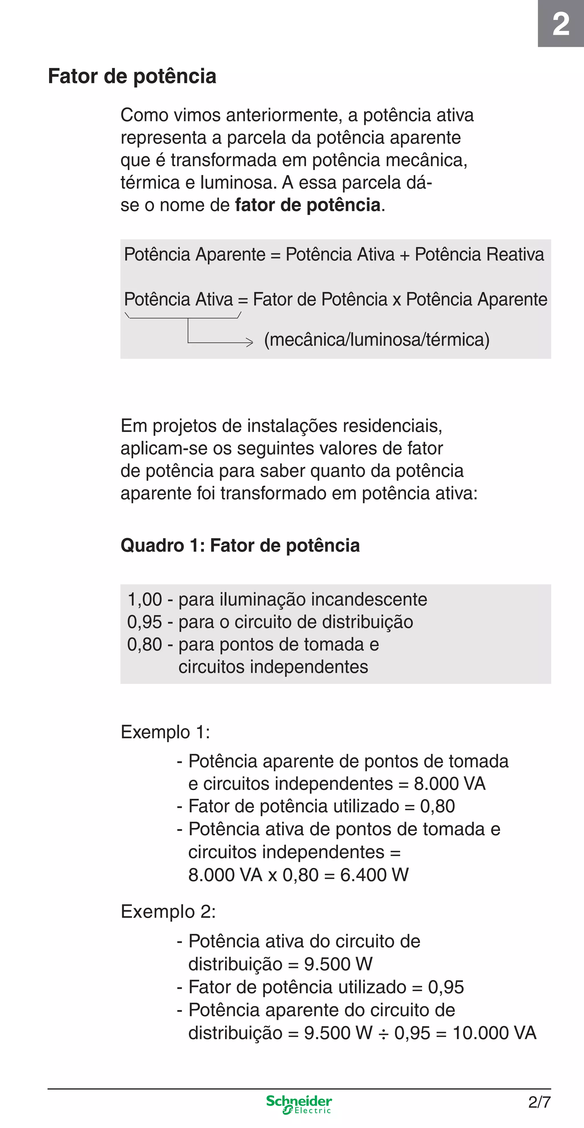 2/7
2
Como vimos anteriormente, a potência ativa
representa a parcela da potência aparente
que é transformada em potência mecânica,
térmica e luminosa. A essa parcela dá-
se o nome de fator de potência.
Fator de potência
Em projetos de instalações residenciais,
aplicam-se os seguintes valores de fator
de potência para saber quanto da potência
aparente foi transformado em potência ativa:
Quadro 1: Fator de potência
Exemplo 1:
- Potência aparente de pontos de tomada
e circuitos independentes = 8.000 VA
- Fator de potência utilizado = 0,80
- Potência ativa de pontos de tomada e
circuitos independentes =
8.000 VA x 0,80 = 6.400 W
Exemplo 2:
- Potência ativa do circuito de
distribuição = 9.500 W
- Fator de potência utilizado = 0,95
- Potência aparente do circuito de
distribuição = 9.500 W ÷ 0,95 = 10.000 VA
Potência Aparente = Potência Ativa + Potência Reativa
Potência Ativa = Fator de Potência x Potência Aparente
(mecânica/luminosa/térmica)
1,00 - para iluminação incandescente
0,95 - para o circuito de distribuição
0,80 - para pontos de tomada e
circuitos independentes
2_Projetos.indd 2/72_Projetos.indd 2/7 9/19/08 11:15:17 AM9/19/08 11:15:17 AM
 