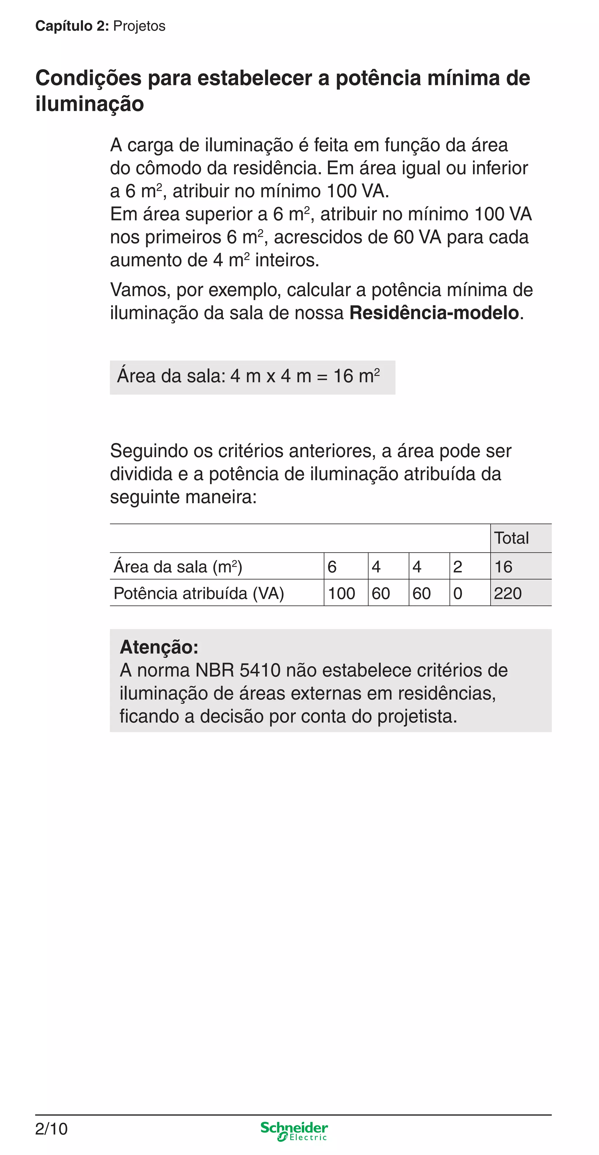 2/10
Capítulo 2: Projetos
A carga de iluminação é feita em função da área
do cômodo da residência. Em área igual ou inferior
a 6 m2
, atribuir no mínimo 100 VA.
Em área superior a 6 m2
, atribuir no mínimo 100 VA
nos primeiros 6 m2
, acrescidos de 60 VA para cada
aumento de 4 m2
inteiros.
Vamos, por exemplo, calcular a potência mínima de
iluminação da sala de nossa Residência-modelo.
Seguindo os critérios anteriores, a área pode ser
dividida e a potência de iluminação atribuída da
seguinte maneira:
Total
Área da sala (m2
) 6 4 4 2 16
Potência atribuída (VA) 100 60 60 0 220
Atenção:
A norma NBR 5410 não estabelece critérios de
iluminação de áreas externas em residências,
ﬁcando a decisão por conta do projetista.
Condições para estabelecer a potência mínima de
iluminação
Área da sala: 4 m x 4 m = 16 m2
2_Projetos.indd 2/102_Projetos.indd 2/10 9/19/08 11:15:19 AM9/19/08 11:15:19 AM
 