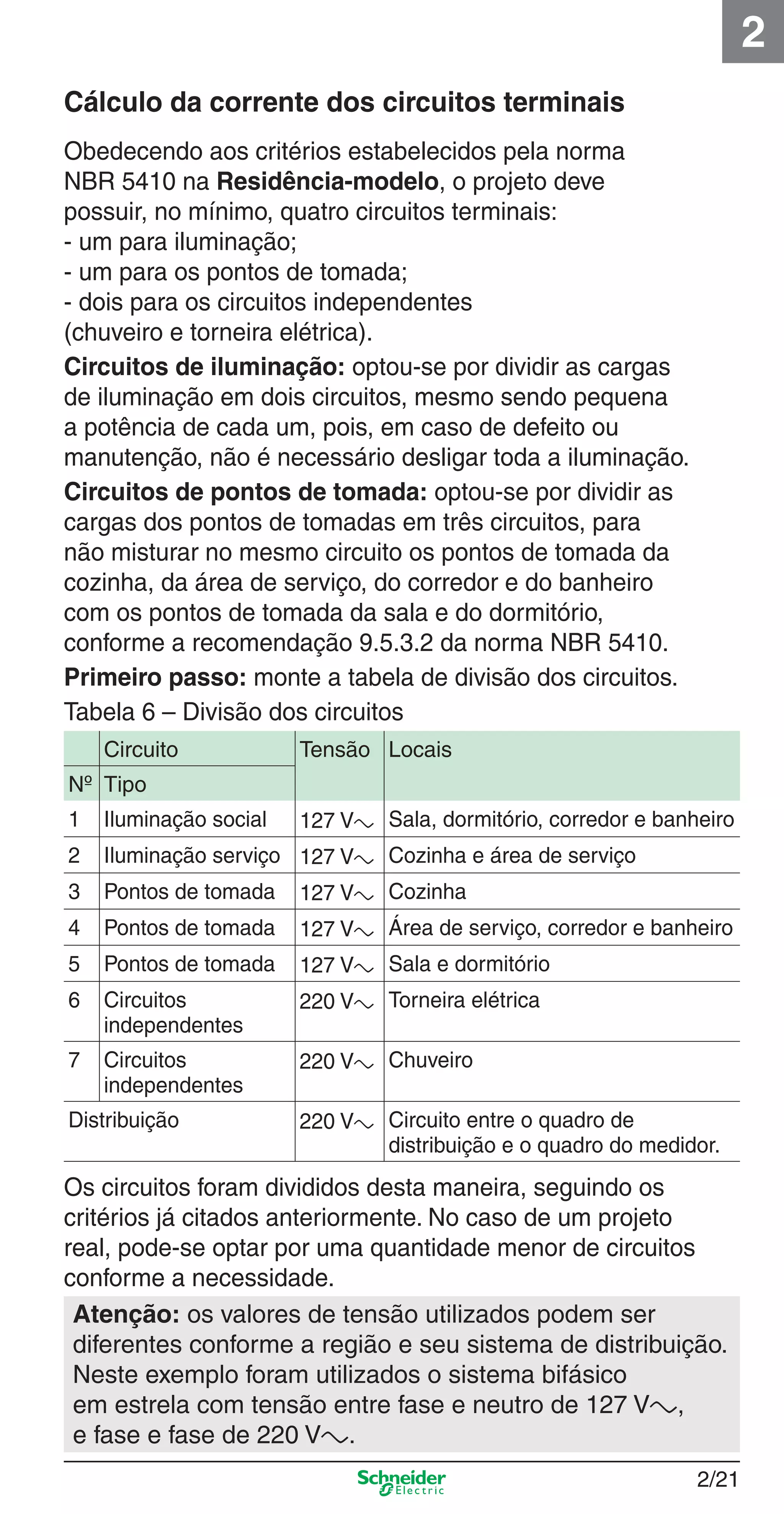 2/21
2
Cálculo da corrente dos circuitos terminais
Obedecendo aos critérios estabelecidos pela norma
NBR 5410 na Residência-modelo, o projeto deve
possuir, no mínimo, quatro circuitos terminais:
- um para iluminação;
- um para os pontos de tomada;
- dois para os circuitos independentes
(chuveiro e torneira elétrica).
Circuitos de iluminação: optou-se por dividir as cargas
de iluminação em dois circuitos, mesmo sendo pequena
a potência de cada um, pois, em caso de defeito ou
manutenção, não é necessário desligar toda a iluminação.
Circuitos de pontos de tomada: optou-se por dividir as
cargas dos pontos de tomadas em três circuitos, para
não misturar no mesmo circuito os pontos de tomada da
cozinha, da área de serviço, do corredor e do banheiro
com os pontos de tomada da sala e do dormitório,
conforme a recomendação 9.5.3.2 da norma NBR 5410.
Primeiro passo: monte a tabela de divisão dos circuitos.
Tabela 6 – Divisão dos circuitos
Os circuitos foram divididos desta maneira, seguindo os
critérios já citados anteriormente. No caso de um projeto
real, pode-se optar por uma quantidade menor de circuitos
conforme a necessidade.
Atenção: os valores de tensão utilizados podem ser
diferentes conforme a região e seu sistema de distribuição.
Neste exemplo foram utilizados o sistema bifásico
em estrela com tensão entre fase e neutro de 127 Va,
e fase e fase de 220 Va.
Circuito Tensão Locais
Nº Tipo
1 Iluminação social 127 Va Sala, dormitório, corredor e banheiro
2 Iluminação serviço 127 Va Cozinha e área de serviço
3 Pontos de tomada 127 Va Cozinha
4 Pontos de tomada 127 Va Área de serviço, corredor e banheiro
5 Pontos de tomada 127 Va Sala e dormitório
6 Circuitos
independentes
220 Va Torneira elétrica
7 Circuitos
independentes
220 Va Chuveiro
Distribuição 220 Va Circuito entre o quadro de
distribuição e o quadro do medidor.
2_Projetos.indd 2/212_Projetos.indd 2/21 9/19/08 11:15:23 AM9/19/08 11:15:23 AM
 