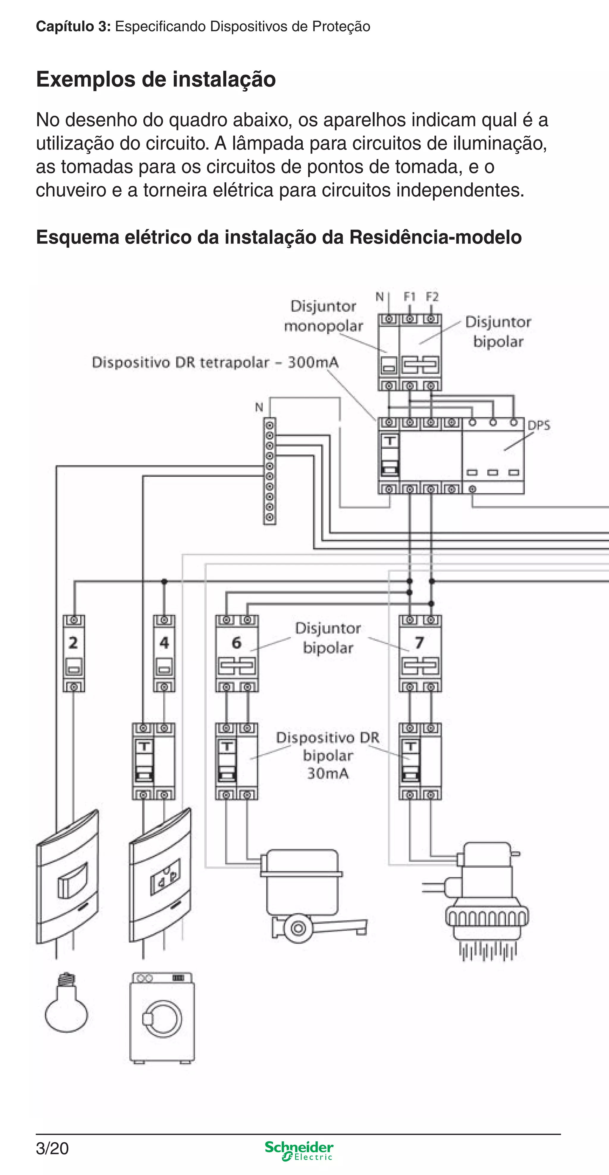 3/20
Capítulo 3: Especificando Dispositivos de Proteção
Exemplos de instalação
No desenho do quadro abaixo, os aparelhos indicam qual é a
utilização do circuito. A lâmpada para circuitos de iluminação,
as tomadas para os circuitos de pontos de tomada, e o
chuveiro e a torneira elétrica para circuitos independentes.
Esquema elétrico da instalação da Residência-modelo
3_Disp. protec a o.indd 3/203_Disp. protec a o.indd 3/20 9/19/08 11:23:22 AM9/19/08 11:23:22 AM
 