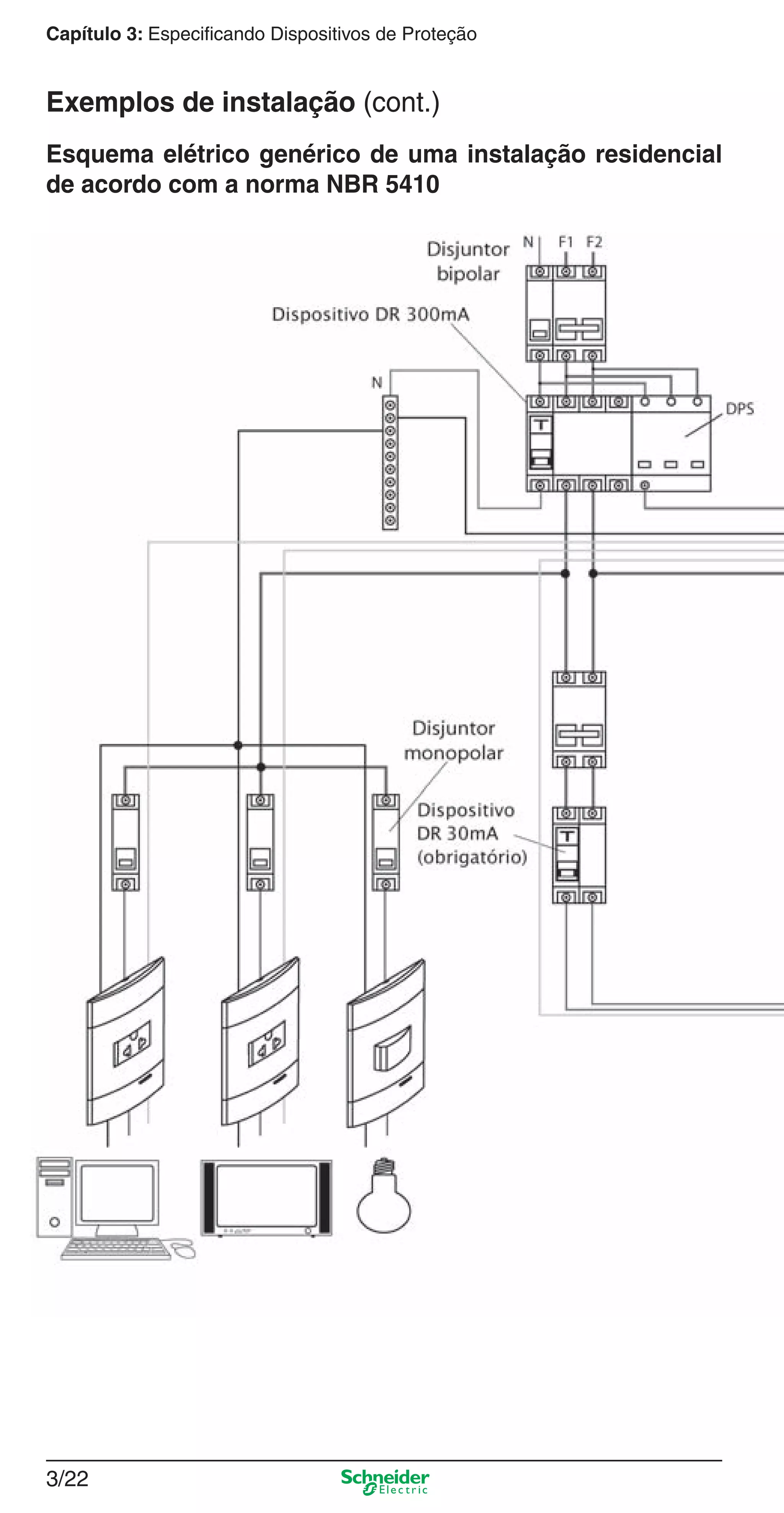 3/22
Capítulo 3: Especificando Dispositivos de Proteção
Esquema elétrico genérico de uma instalação residencial
de acordo com a norma NBR 5410
Exemplos de instalação (cont.)
3_Disp. protec a o.indd 3/223_Disp. protec a o.indd 3/22 9/19/08 11:23:24 AM9/19/08 11:23:24 AM
 