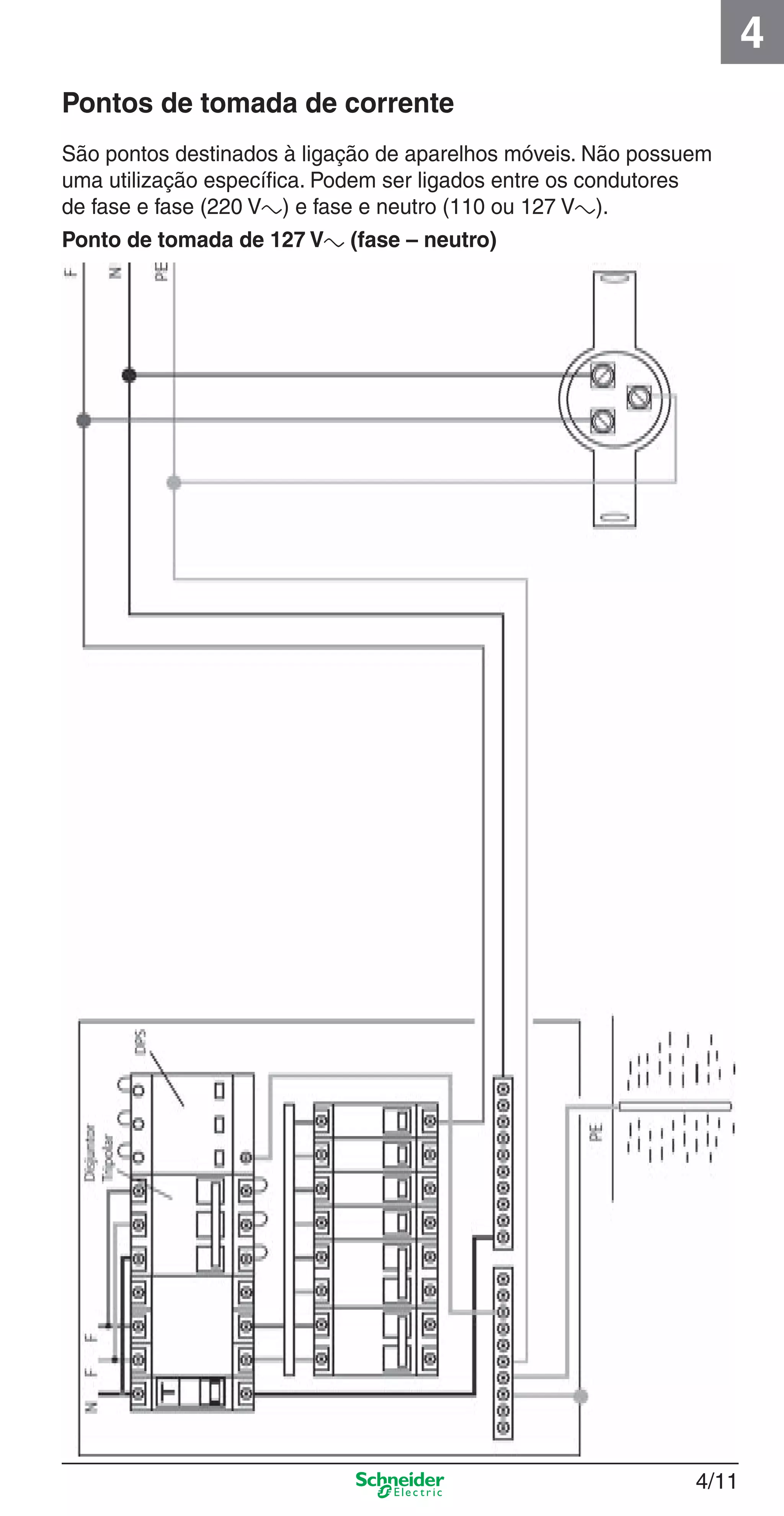4/11
4
São pontos destinados à ligação de aparelhos móveis. Não possuem
uma utilização especíﬁca. Podem ser ligados entre os condutores
de fase e fase (220 Va) e fase e neutro (110 ou 127 Va).
Pontos de tomada de corrente
Ponto de tomada de 127 Va (fase – neutro)
4_Esquema ligac a o.indd 4/114_Esquema ligac a o.indd 4/11 9/19/08 11:29:52 AM9/19/08 11:29:52 AM
 