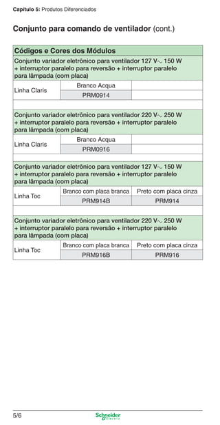 5/6
Capítulo 5: Produtos Diferenciados
Conjunto para comando de ventilador (cont.)
Códigos e Cores dos Módulos
Conjunto variador eletrônico para ventilador 127 Va 150 W
+ interruptor paralelo para reversão + interruptor paralelo
para lâmpada (com placa)
Linha Claris
Branco Acqua
PRM0914
Conjunto variador eletrônico para ventilador 220 Va 250 W
+ interruptor paralelo para reversão + interruptor paralelo
para lâmpada (com placa)
Linha Claris
Branco Acqua
PRM0916
Conjunto variador eletrônico para ventilador 127 Va 150 W
+ interruptor paralelo para reversão + interruptor paralelo
para lâmpada (com placa)
Linha Toc
Branco com placa branca Preto com placa cinza
PRM914B PRM914
Conjunto variador eletrônico para ventilador 220 Va 250 W
+ interruptor paralelo para reversão + interruptor paralelo
para lâmpada (com placa)
Linha Toc
Branco com placa branca Preto com placa cinza
PRM916B PRM916
5_Produtos diferenciados.indd 5/65_Produtos diferenciados.indd 5/6 9/19/08 11:45:19 AM9/19/08 11:45:19 AM
 