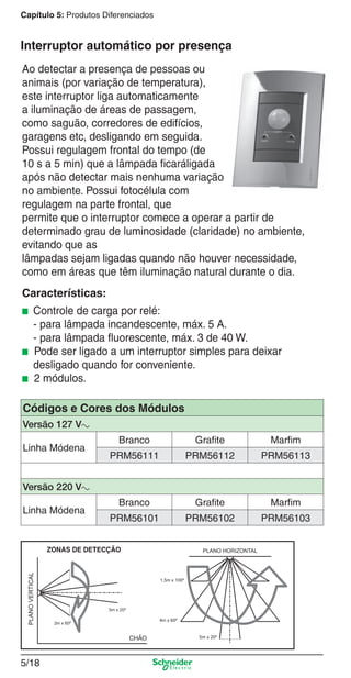 5/18
Capítulo 5: Produtos Diferenciados
Ao detectar a presença de pessoas ou
animais (por variação de temperatura),
este interruptor liga automaticamente
a iluminação de áreas de passagem,
como saguão, corredores de edifícios,
garagens etc, desligando em seguida.
Possui regulagem frontal do tempo (de
10 s a 5 min) que a lâmpada ﬁcaráligada
após não detectar mais nenhuma variação
no ambiente. Possui fotocélula com
regulagem na parte frontal, que
permite que o interruptor comece a operar a partir de
determinado grau de luminosidade (claridade) no ambiente,
evitando que as
lâmpadas sejam ligadas quando não houver necessidade,
como em áreas que têm iluminação natural durante o dia.
Características:
■ Controle de carga por relé:
- para lâmpada incandescente, máx. 5 A.
- para lâmpada ﬂuorescente, máx. 3 de 40 W.
■ Pode ser ligado a um interruptor simples para deixar
desligado quando for conveniente.
■ 2 módulos.
Interruptor automático por presença
Códigos e Cores dos Módulos
Versão 127 Va
Linha Módena
Branco Grafite Marfim
PRM56111 PRM56112 PRM56113
Versão 220 Va
Linha Módena
Branco Grafite Marfim
PRM56101 PRM56102 PRM56103
5_Produtos diferenciados.indd 5/185_Produtos diferenciados.indd 5/18 9/19/08 11:45:24 AM9/19/08 11:45:24 AM
 