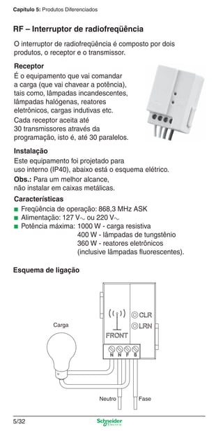 5/32
Capítulo 5: Produtos Diferenciados
O interruptor de radiofreqüência é composto por dois
produtos, o receptor e o transmissor.
Receptor
É o equipamento que vai comandar
a carga (que vai chavear a potência),
tais como, lâmpadas incandescentes,
lâmpadas halógenas, reatores
eletrônicos, cargas indutivas etc.
Cada receptor aceita até
30 transmissores através da
programação, isto é, até 30 paralelos.
Instalação
Este equipamento foi projetado para
uso interno (IP40), abaixo está o esquema elétrico.
Obs.: Para um melhor alcance,
não instalar em caixas metálicas.
Características
■ Freqüência de operação: 868,3 MHz ASK
■ Alimentação: 127 Va ou 220 Va
■ Potência máxima: 1000 W - carga resistiva
400 W - lâmpadas de tungstênio
360 W - reatores eletrônicos
(inclusive lâmpadas ﬂuorescentes).
RF – Interruptor de radiofreqüência
Esquema de ligação
FaseNeutro
Carga
5_Produtos diferenciados.indd 5/325_Produtos diferenciados.indd 5/32 9/19/08 11:45:29 AM9/19/08 11:45:29 AM
 