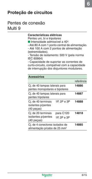 6/15
6
Pentes de conexão
Multi 9
Características elétricas
Pentes uni, bi e tripolares
■ Intensidade admissível a 40o
:
- Até 80 A com 1 ponto central de alimentação.
- Até 100 A com 2 pontos de alimentação
(extremidades).
- Tensão de isolamento: 500 V (pela norma
IEC 60664)
- Capacidade de suportar as correntes de
curto-circuito, compatível com a capacidade
de interrupção dos disjuntores modulares.
Proteção de circuitos
Acessórios
referência
Cj. de 40 tampas laterais para
pentes monopolares e bipolares
14886
Cj. de 40 tampas laterais para
pentes tripolares
14887
Cj. de 40 terminais
isolantes p/pentes
(40 peças)
1P, 2P e 3P 14888
Cj. de 20 terminais
isolantes p/pentes
(40 peças)
para C120 14818
1P, 2P e 3P
Cj. de 4 conectores isolados de
alimentação p/cabo de 25 mm2
14885
6_Distrib eletr-1.indd 6/156_Distrib eletr-1.indd 6/15 9/19/08 11:56:15 AM9/19/08 11:56:15 AM
 