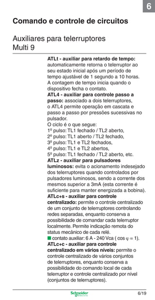 6/19
6
ATLt - auxiliar para retardo de tempo:
automaticamente retorna o telerruptor ao
seu estado inicial após um período de
tempo ajustável de 1 segundo a 10 horas.
A contagem de tempo inicia quando o
dispositivo fecha o contato.
ATL4 - auxiliar para controle passo a
passo: associado a dois telerruptores,
o ATL4 permite operação em cascata e
passo a passo por pressões sucessivas no
pulsador.
O ciclo é o que segue:
1º pulso: TL1 fechado / TL2 aberto,
2º pulso: TL1 aberto / TL2 fechado,
3º pulso: TL1 e TL2 fechados,
4º pulso: TL1 e TL2 abertos,
5º pulso: TL1 fechado / TL2 aberto, etc.
ATLz - auxiliar para pulsadores
luminosos: evita o acionamento indesejado
dos telerruptores quando controlados por
pulsadores luminosos, sendo a corrente dos
mesmos superior a 3mA (esta corrente é
suﬁciente para manter energizada a bobina).
ATLc+s - auxiliar para controle
centralizado: permite o controle centralizado
de um conjunto de telerruptores controlando
redes separadas, enquanto conserva a
possibilidade de comandar cada telerruptor
localmente. Permite indicação remota do
status mecânico de cada relé.
■ contato auxiliar: 6 A - 240 Vca ( cos ϕ = 1).
ATLc+c - auxiliar para controle
centralizado em vários níveis: permite o
controle centralizado de vários conjuntos
de telerruptores, enquanto conserva a
possibilidade do comando local de cada
telerruptor e controle centralizado por nível
(conjuntos de telerruptores).
Auxiliares para telerruptores
Multi 9
Comando e controle de circuitos
6_Distrib eletr-1.indd 6/196_Distrib eletr-1.indd 6/19 9/19/08 11:56:15 AM9/19/08 11:56:15 AM
 