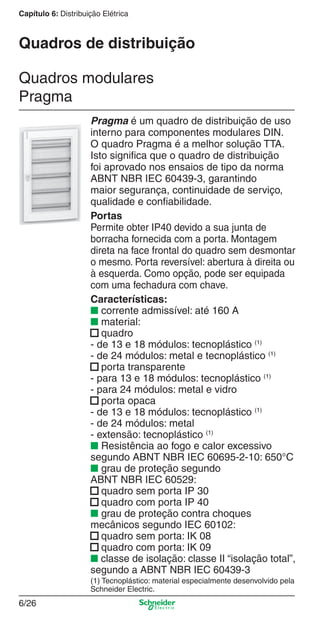 6/26
Capítulo 6: Distribuição Elétrica
Pragma é um quadro de distribuição de uso
interno para componentes modulares DIN.
O quadro Pragma é a melhor solução TTA.
Isto signiﬁca que o quadro de distribuição
foi aprovado nos ensaios de tipo da norma
ABNT NBR IEC 60439-3, garantindo
maior segurança, continuidade de serviço,
qualidade e conﬁabilidade.
Portas
Permite obter IP40 devido a sua junta de
borracha fornecida com a porta. Montagem
direta na face frontal do quadro sem desmontar
o mesmo. Porta reversível: abertura à direita ou
à esquerda. Como opção, pode ser equipada
com uma fechadura com chave.
Características:
■ corrente admissível: até 160 A
■ material:
■ quadro
- de 13 e 18 módulos: tecnoplástico (1)
- de 24 módulos: metal e tecnoplástico (1)
■ porta transparente
- para 13 e 18 módulos: tecnoplástico (1)
- para 24 módulos: metal e vidro
■ porta opaca
- de 13 e 18 módulos: tecnoplástico (1)
- de 24 módulos: metal
- extensão: tecnoplástico (1)
■ Resistência ao fogo e calor excessivo
segundo ABNT NBR IEC 60695-2-10: 650°C
■ grau de proteção segundo
ABNT NBR IEC 60529:
■ quadro sem porta IP 30
■ quadro com porta IP 40
■ grau de proteção contra choques
mecânicos segundo IEC 60102:
■ quadro sem porta: IK 08
■ quadro com porta: IK 09
■ classe de isolação: classe II “isolação total”,
segundo a ABNT NBR IEC 60439-3
(1) Tecnoplástico: material especialmente desenvolvido pela
Schneider Electric.
Quadros modulares
Pragma
Quadros de distribuição
6_Distrib eletr-1.indd 6/266_Distrib eletr-1.indd 6/26 9/19/08 11:56:17 AM9/19/08 11:56:17 AM
 