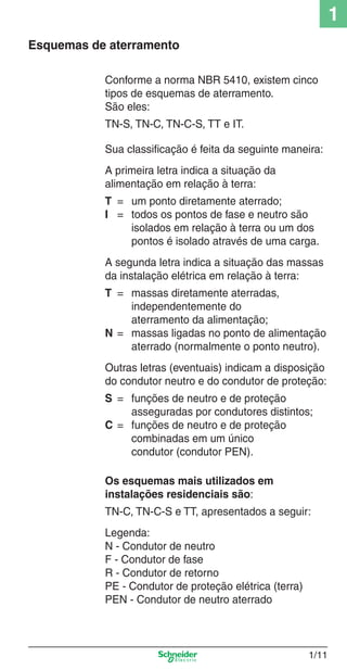 1
1/11
Conforme a norma NBR 5410, existem cinco
tipos de esquemas de aterramento.
São eles:
TN-S, TN-C, TN-C-S, TT e IT.
Sua classiﬁcação é feita da seguinte maneira:
A primeira letra indica a situação da
alimentação em relação à terra:
T = um ponto diretamente aterrado;
I = todos os pontos de fase e neutro são
isolados em relação à terra ou um dos
pontos é isolado através de uma carga.
A segunda letra indica a situação das massas
da instalação elétrica em relação à terra:
T = massas diretamente aterradas,
independentemente do
aterramento da alimentação;
N = massas ligadas no ponto de alimentação
aterrado (normalmente o ponto neutro).
Outras letras (eventuais) indicam a disposição
do condutor neutro e do condutor de proteção:
S = funções de neutro e de proteção
asseguradas por condutores distintos;
C = funções de neutro e de proteção
combinadas em um único
condutor (condutor PEN).
Os esquemas mais utilizados em
instalações residenciais são:
TN-C, TN-C-S e TT, apresentados a seguir:
Legenda:
N - Condutor de neutro
F - Condutor de fase
R - Condutor de retorno
PE - Condutor de proteção elétrica (terra)
PEN - Condutor de neutro aterrado
Esquemas de aterramento
1_Intro-2.indd 1/111_Intro-2.indd 1/11 9/19/08 11:09:41 AM9/19/08 11:09:41 AM
 