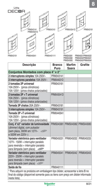 8/21
8
Linha
Descrição Branco
Puro
Marﬁm
Saara
Graﬁte
Conjuntos Montados com placa 4” x 2”
2 interruptores simples 10A 250V~ PRM043141
2 interruptores paralelos 10A 250V~ PRM044021D
2 tomadas 2P universal
10A 250V~ (pinos cilíndricos)
15A 125V~ (pinos chatos polarizados)
PRM043161
2 tomadas 2P +T universal
10A 250V~ (pinos cilíndricos)
15A 125V~ (pinos chatos polarizados)
PRM043041D
Tomada 3P chatos 20A 250V~ PRM043181
3 interruptores simples 10A 250V~ PRM043191
Tomada 2P +T universal
10A 250V~ (pinos cilíndricos)
15A 125V~ (pinos chatos polarizados)
PRM0440041
Conj. 4”x2”variador de luminosidade
(dimmer) digital, com pulsador
(sem placa, 300W em 127V~
e 500W em 220V~)
PRMS043081 PRMS043082 PRMS043083
Variador eletrônico para ventilador
127V~ 150W + interruptor paralelo
para reversão + interruptor paralelo
para lâmpada (sem placa)
PRM045031 PRM045032 PRM045033
Variador eletrônico para ventilador
220V~ 250W + interruptor paralelo
para reversão + interruptor paralelo
para lâmpada (sem placa)
PRM045041 PRM045042 PRM045043
Saída de ﬁo PRM04401111
* Para adquirir os produtos em embalagem tipo blister, acrescentar a letra B no
ﬁnal do código (disponível somente para os itens com preço em blister informado
nesta lista).
PRM0440041 PRM04401111PRM043191 PRM045031/PRM045032
PRM045033/PRM045041
PRM045042/PRM045043
PRM043161 PRM043041DPRM043141
PRM044021D
PRM043181
PRMS043081
PRMS043082
PRMS043083
8_Produtos Prime-1.indd 8/218_Produtos Prime-1.indd 8/21 9/19/08 12:08:53 PM9/19/08 12:08:53 PM
 