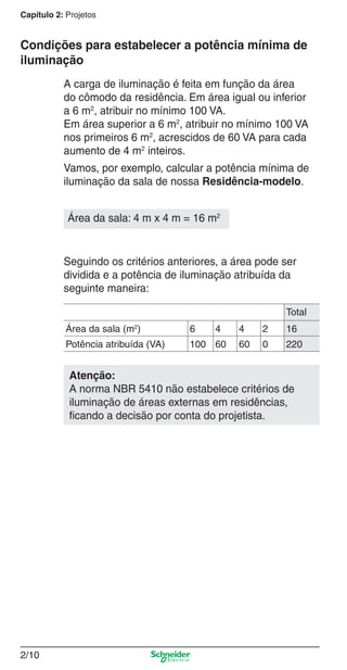 2/10
Capítulo 2: Projetos
A carga de iluminação é feita em função da área
do cômodo da residência. Em área igual ou inferior
a 6 m2
, atribuir no mínimo 100 VA.
Em área superior a 6 m2
, atribuir no mínimo 100 VA
nos primeiros 6 m2
, acrescidos de 60 VA para cada
aumento de 4 m2
inteiros.
Vamos, por exemplo, calcular a potência mínima de
iluminação da sala de nossa Residência-modelo.
Seguindo os critérios anteriores, a área pode ser
dividida e a potência de iluminação atribuída da
seguinte maneira:
Total
Área da sala (m2
) 6 4 4 2 16
Potência atribuída (VA) 100 60 60 0 220
Atenção:
A norma NBR 5410 não estabelece critérios de
iluminação de áreas externas em residências,
ﬁcando a decisão por conta do projetista.
Condições para estabelecer a potência mínima de
iluminação
Área da sala: 4 m x 4 m = 16 m2
2_Projetos.indd 2/102_Projetos.indd 2/10 9/19/08 11:15:19 AM9/19/08 11:15:19 AM
 