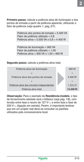 2/15
2
Primeiro passo: calcule a potência ativa de iluminação e dos
pontos de tomada a partir da potência aparente, utilizando o
fator de potência (veja quadro 1, pág. 2/7).
Segundo passo: calcule a potência ativa total.
Observação: Para o exemplo da Residência-modelo, o tipo
de fornecimento adotado será o bifásico (veja pág. 1/8), com
tensão entre fase e neutro de 127 Va e entre fase e fase de
220 Va (ligação em estrela). Porém, é importante lembrar
que em um projeto real deve-se consultar os padrões
utilizados pela concessionária local.
Potência ativa de iluminação
+
Potência ativa dos pontos de tomada
+
Potência ativa dos circuitos independentes
Potência ativa total
900 W
+
4.400 W
+
7.900 W
13.200 W
Potência dos pontos de tomada = 5.500 VA
Fator de potência utilizado = 0,8
Potência ativa = 5.500 VA x 0,8 = 4.400 W
Potência de iluminação = 900 VA
Fator de potência utilizado = 1,00
Potência ativa = 900 VA x 1,00 = 900 W
2_Projetos.indd 2/152_Projetos.indd 2/15 9/19/08 11:15:21 AM9/19/08 11:15:21 AM
 