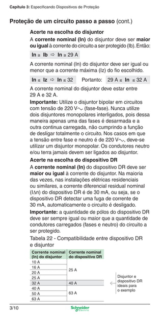 3/10
Capítulo 3: Especificando Dispositivos de Proteção
A corrente nominal (In) do disjuntor deve ser maior
ou igual à corrente do circuito a ser protegido (Ib).Então:
Acerte na escolha do disjuntor
In ≥ Ib  In ≥ 29 A
A corrente nominal (In) do disjuntor deve ser igual ou
menor que a corrente máxima (Iz) do ﬁo escolhido.
A corrente nominal do disjuntor deve estar entre
29 A e 32 A.
Importante: Utilize o disjuntor bipolar em circuitos
com tensão de 220 Va (fase-fase). Nunca utilize
dois disjuntores monopolares interligados, pois dessa
maneira apenas uma das fases é desarmada e a
outra continua carregada, não cumprindo a função
de desligar totalmente o circuito. Nos casos em que
a tensão entre fase e neutro é de 220 Va, deve-se
utilizar um disjuntor monopolar. Os condutores neutro
e/ou terra jamais devem ser ligados ao disjuntor.
In ≤ Iz  In ≤ 32 29 A ≤ In ≤ 32 APortanto:
Acerte na escolha do dispositivo DR
A corrente nominal (In) do dispositivo DR deve ser
maior ou igual à corrente do disjuntor. Na maioria
das vezes, nas instalações elétricas residenciais
ou similares, a corrente diferencial residual nominal
(IΔn) do dispositivo DR é de 30 mA, ou seja, se o
dispositivo DR detectar uma fuga de corrente de
30 mA, automaticamente o circuito é desligado.
Importante: a quantidade de pólos do dispositivo DR
deve ser sempre igual ou maior que a quantidade de
condutores carregados (fases e neutro) do circuito a
ser protegido.
Tabela 22 - Compatibilidade entre dispositivo DR
e disjuntor
Corrente nominal
(In) do disjuntor
Corrente nominal
do dispositivo DR
10 A
25 A
16 A
Disjuntor e
dispositivo DR
ideais para
o exemplo
20 A
25 A
32 A 40 A
40 A
63 A50 A
63 A
Proteção de um circuito passo a passo (cont.)
3_Disp. protec a o.indd 3/103_Disp. protec a o.indd 3/10 9/19/08 11:23:18 AM9/19/08 11:23:18 AM
 