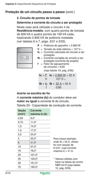 3/12
Capítulo 3: Especificando Dispositivos de Proteção
2. Circuito de pontos de tomada
Determine a corrente do circuito a ser protegido
Neste caso será utilizado o circuito 4 da
Residência-modelo, com quatro pontos de tomada
de 600 VA e quatro pontos de 100 VA cada,
totalizando 2.800 VA de potência instalada
(ver tabelas 6 e 7, págs. 2/21 e 2/22).
P = Potência do aparelho = 2.800 W
V = Tensão da rede elétrica = 127 Va
Ic = Corrente calculada do circuito a ser
protegido
Ib = Corrente corrigida do circuito a ser
protegido (corrente de projeto)
f = Fator de agrupamento
de circuitos = 0,65
(veja tabela 10, pág. 2/26)
Acerte na escolha do ﬁo
A corrente máxima (Iz) do condutor deve ser
maior ou igual à corrente Ib do circuito.
Tabela 23 - Capacidade de condução de corrente
* Valores obtidos com
base na tabela da norma
NBR 5410 (veja tabela
12, pág. 2/29).
Para nosso exemplo,
onde Ib = 34 A, utilizar
ﬁo com secção de
6 mm2
, cuja corrente
máxima Iz = 41 A.
Seção
(mm2
)
Corrente
máxima Iz (A)
0,50 9,0*
0,75 11,0*
1,0 14,0*
1,5 17,5*
2,5 24,0*
4 32,0*
6 41,0*
10 57,0*
16 76,0*
25 101,0*
35 125,0*
50 151,0*
70 192,0*
Proteção de um circuito passo a passo (cont.)
Ic = P Ic = 2.800 W = 22 A
V 127 Va
Ib = Ic Ib = 22 A = 34 A
f 0,65
3_Disp. protec a o.indd 3/123_Disp. protec a o.indd 3/12 9/19/08 11:23:18 AM9/19/08 11:23:18 AM
 