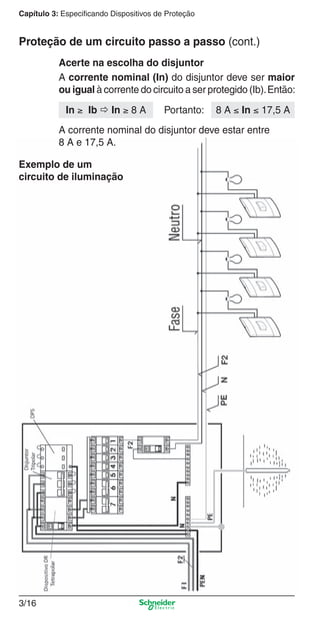 3/16
Capítulo 3: Especificando Dispositivos de Proteção
A corrente nominal (In) do disjuntor deve ser maior
ou igual à corrente do circuito a ser protegido (Ib).Então:
Acerte na escolha do disjuntor
In ≥ Ib  In ≥ 8 A
A corrente nominal do disjuntor deve estar entre
8 A e 17,5 A.
8 A ≤ In ≤ 17,5 APortanto:
Proteção de um circuito passo a passo (cont.)
Exemplo de um
circuito de iluminação
3_Disp. protec a o.indd 3/163_Disp. protec a o.indd 3/16 9/19/08 11:23:20 AM9/19/08 11:23:20 AM
 