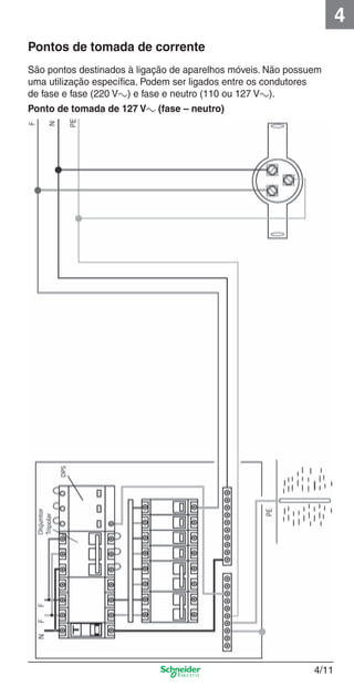 4/11
4
São pontos destinados à ligação de aparelhos móveis. Não possuem
uma utilização especíﬁca. Podem ser ligados entre os condutores
de fase e fase (220 Va) e fase e neutro (110 ou 127 Va).
Pontos de tomada de corrente
Ponto de tomada de 127 Va (fase – neutro)
4_Esquema ligac a o.indd 4/114_Esquema ligac a o.indd 4/11 9/19/08 11:29:52 AM9/19/08 11:29:52 AM
 