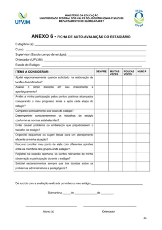 MINISTÉRIO DA EDUCAÇÃO
UNIVERSIDADE FEDERAL DOS VALES DO JEQUITINHONHA E MUCURI
DEPARTAMENTO DE QUÍMICA/FACET

ANEXO 6 - FICHA DE AUTO-AVALIAÇÃO DO ESTAGIÁRIO
Estagiário (a): ___________________________________________________________________
Curso: ________________________________________________________________________
Supervisor (Escola campo de estágio): _______________________________________________
Orientador (UFVJM): _____________________________________________________________
Escola do Estágio: ____________________________________________________________
SEMPRE

ITENS A CONSIDERAR:

MUITAS
VEZES

POUCAS
VEZES

NUNCA

Ajudei espontaneamente quando solicitado na elaboração de
tarefas diversificadas?
Auxiliei

o

corpo

discente

em

seu

crescimento

e

aperfeiçoamento?
Avaliei a minha participação pelos pontos positivos alcançados
comparando o meu progresso antes e após cada etapa do
estágio?
Compareci pontualmente aos locais de estágio?
Desempenhei

conscientemente

os

trabalhos

de

estágio

conforme as normas estabelecidas?
Evitei causar problema ou embaraços que prejudicassem o
trabalho de estágio?
Organizei esquemas ou sugeri idéias para um planejamento
eficiente à minha atuação?
Procurei conciliar meu ponto de vista com diferentes opiniões
entre os membros dos grupos onde estagiei?
Registrei na ocasião oportuna, os pontos relevantes de minha
observação e participação durante o estágio?
Solicitei esclarecimentos sempre que tive dúvidas sobre os
problemas administrativos e pedagógicos?

De acordo com a avaliação realizada considero o meu estágio __________________________________

Diamantina, _____de _______________de ________.

__________________________________
Aluno (a)

___________________________________
Orientador
24

 