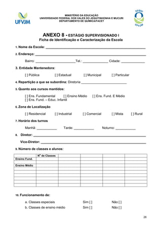 MINISTÉRIO DA EDUCAÇÃO
UNIVERSIDADE FEDERAL DOS VALES DO JEQUITINHONHA E MUCURI
DEPARTAMENTO DE QUÍMICA/FACET

ANEXO 8 - ESTÁGIO SUPERVISIONADO I
Ficha de Identificação e Caracterização da Escola
1. Nome

da Escola: _______________________________________________________

2. Endereço:

_____________________________________________________________

Bairro: ______________________Tel.: ______________ Cidade: _____________
3. Entidade Mantenedora:
[ ] Pública
4. Repartição
5. Quanto

[ ] Estadual

[ ] Municipal

a que se subordina: Diretoria _________________________

aos cursos mantidos:

[ ] Ens. Fundamental
[ ] Ensino Médio
[ ] Ens. Fund. – Educ. Infantil
6. Zona

[ ] Ens. Fund. E Médio

de Localização

[ ] Residencial
7. Horário

[ ] Industrial

[ ] Comercial

[ ] Mista

[ ] Rural

dos turnos

Manhã: ___________
8.

[ ] Particular

Tarde: ___________

Noturno: ___________

Diretor: ______________________________________________________________
Vice-Diretor: __________________________________________________________

9. Número

de classes e alunos:
o

N de Classes
Ensino Fund.
Ensino Médio

10. Funcionamento

de:

a. Classes especiais

Sim [ ]

Não [ ]

b. Classes de ensino médio

Sim [ ]

Não [ ]
26

 